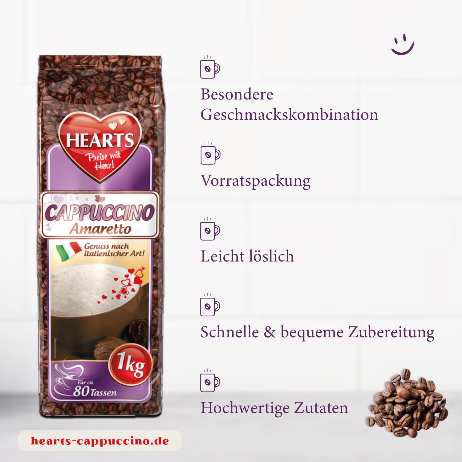 HEARTS Cappuccino Amaretto 10 x 1 kg – przyjemność w stylu włoskim, ok. 80 filiżanek/opakowanie, kawa rozpuszczalna w proszku – opakowanie magazynowe – aromatyczna i rozpuszczalna