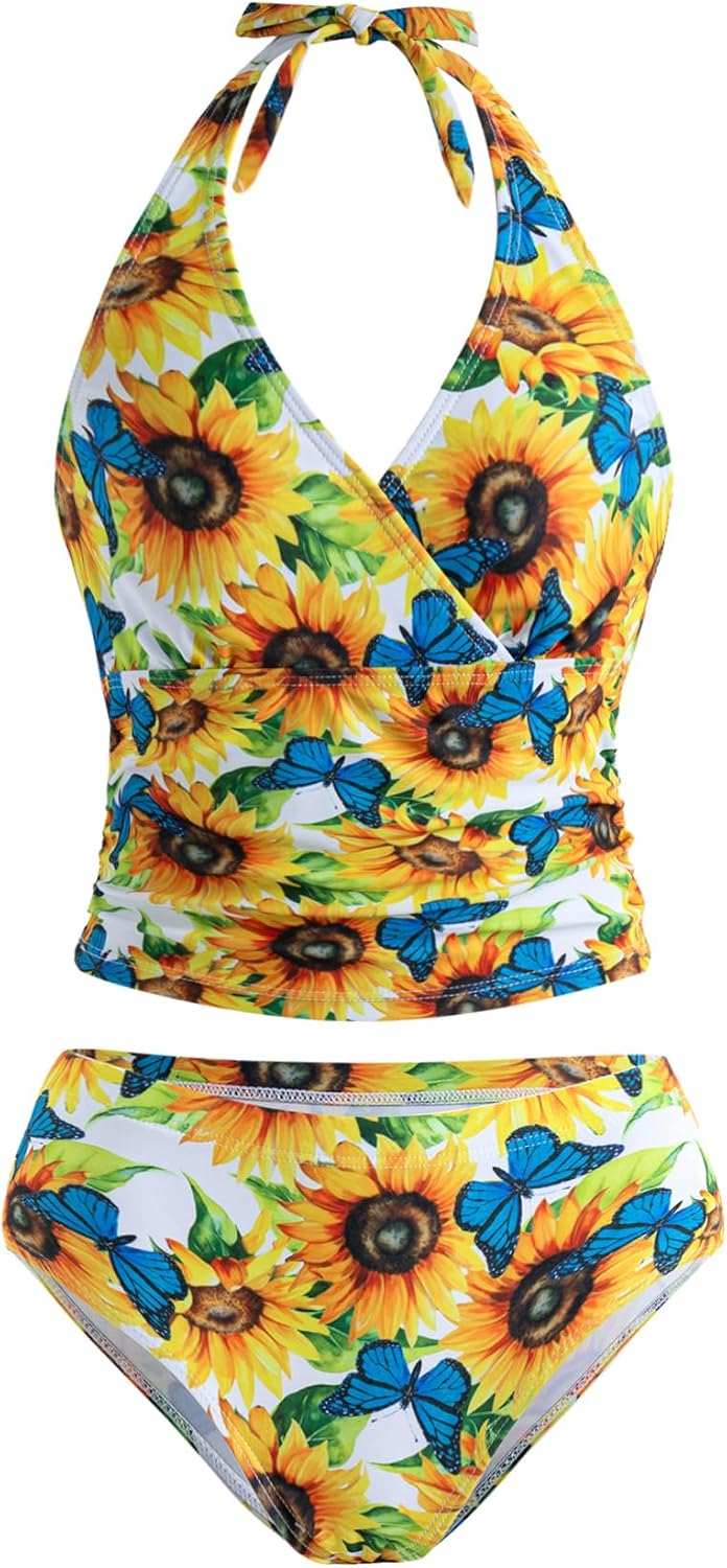 YOURUIKEY Girls Tankini Swimsuit 2 Piece Halterneck Bathing Suit Adjustable Straps and Removable Bra for Girls and Teen 7-16Y