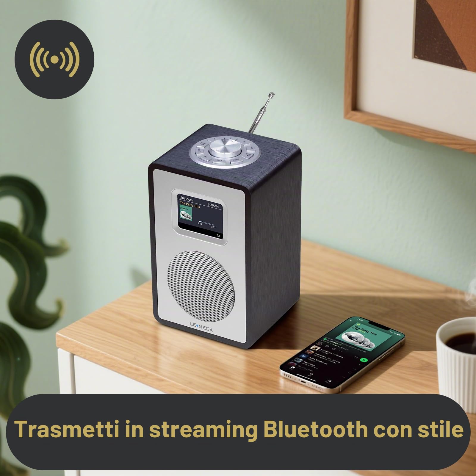 LEMEGA CR4+ Radio Digitale DAB/DAB+，Radio Altoparlante Bluetooth Portatile, Radio DAB Portatile, Radio FM da Cucina e da Letto, Mobiletto in Legno, Alimentazione a Rete e Batterie - Quercia nera