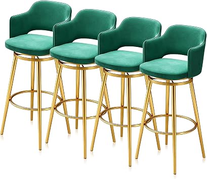 Swivel Bar Stools Set of 4, Velvet Counter Height Stools with Arms and Hollow Back, Upholstered Bar Chairs with Metal Frame for Kitchen Island BarGreen,65cm25.6in