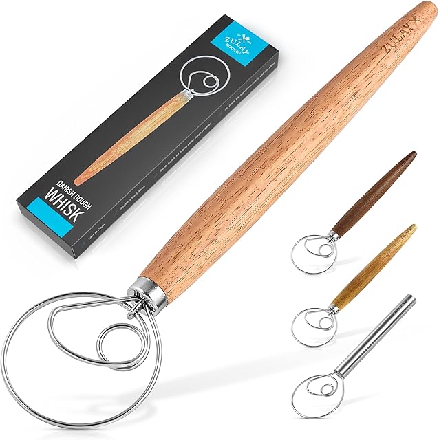 Zulay Danish Dough Whisk Large Hand Mixer - Large 13 Stainless Steel & Wooden Danish Whisk - Dutch Style Artisan Blender For Bread, Batter, Cake, Pastry, and More