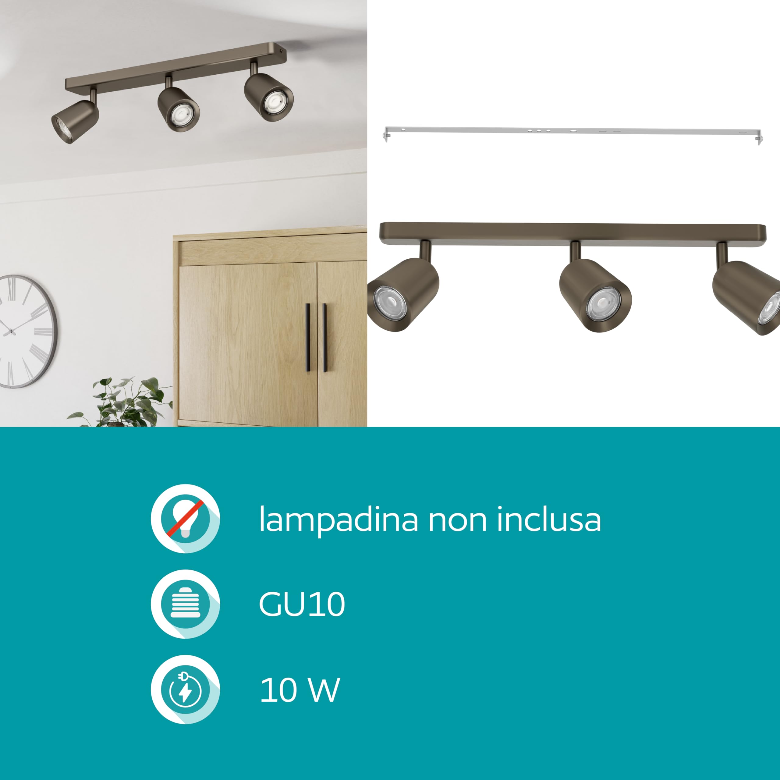 Eglo Camaldoli - Lampada da soffitto a 3 luci, faretto con faretti flessibili, plafoniera in acciaio color bronzo, attacco GU10