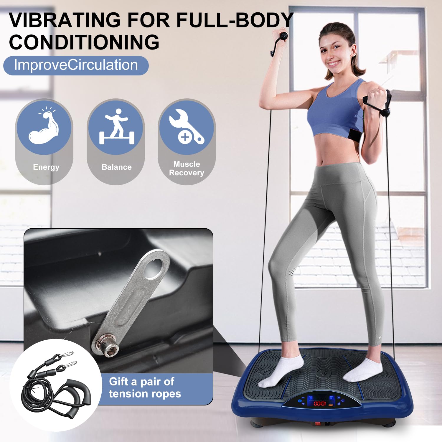 Piastra vibrante per allenamento di tutto il corpo, perdita di peso e fitness a casa con altoparlante Bluetooth, corda di resistenza, telecomando, 180 livelli, 5 programmi