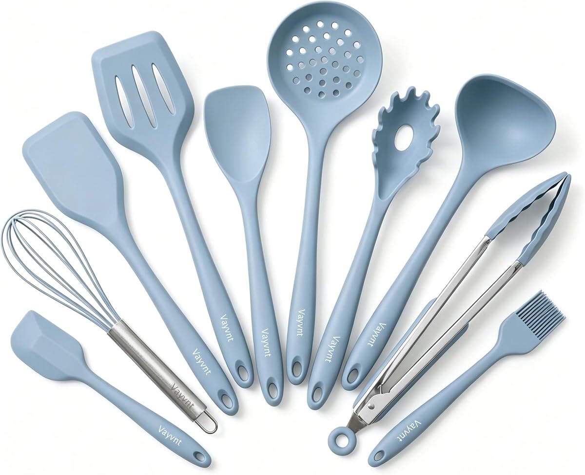 Juego de utensilios de cocina de silicona, utensilios de 10 piezas para sartén antiadherente, azul | Resistente al calor 480 ℉, diseño de una pieza, grado alimenticio, utensilios de cocina de silicona no tóxicos, fácil limpieza, apto para lavavajillas