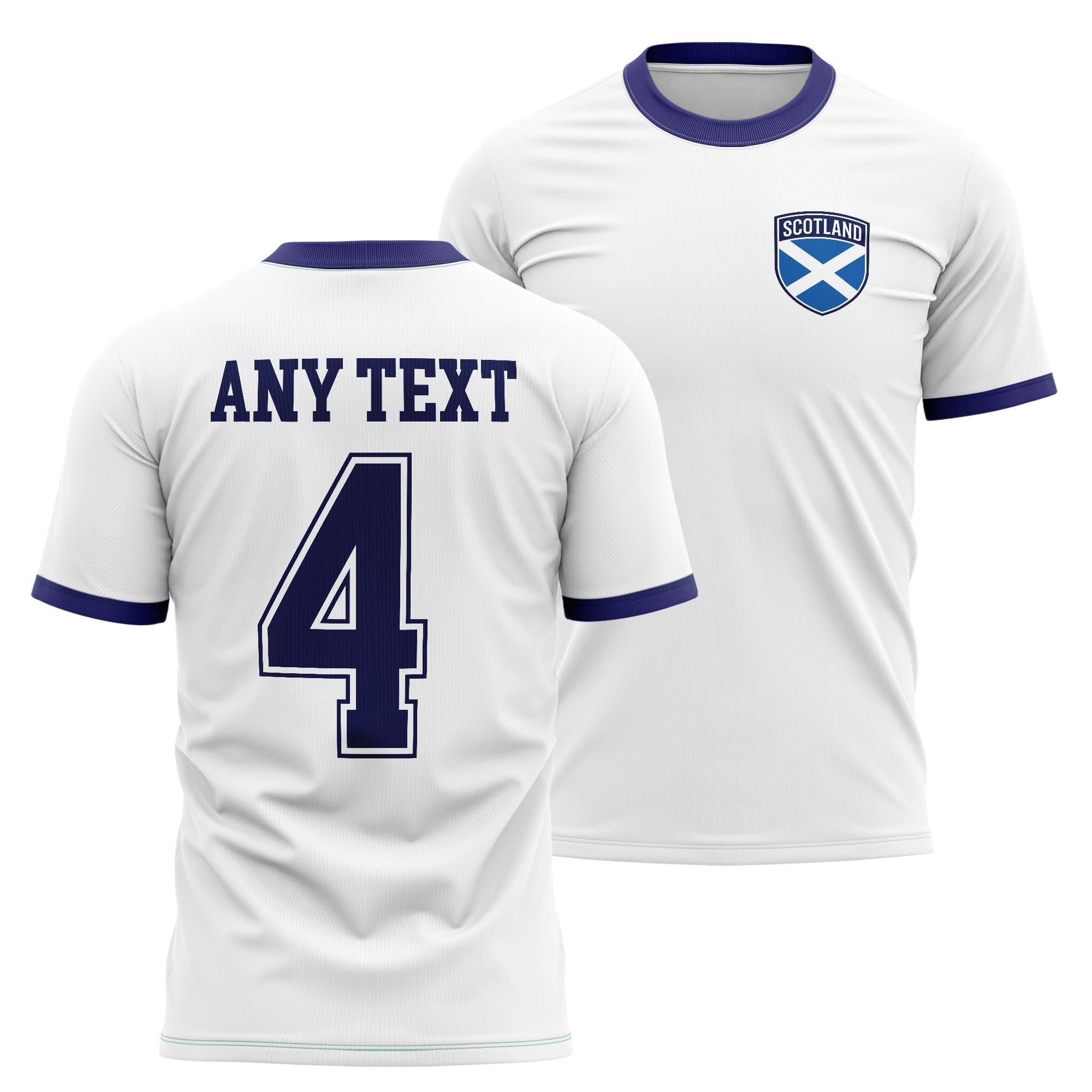 Scotland Mens Ringer T Shirt - Custom Name Number Scottish Blue White Badge Tee - Football Supporter Fan Top, XXL, White/Navy
