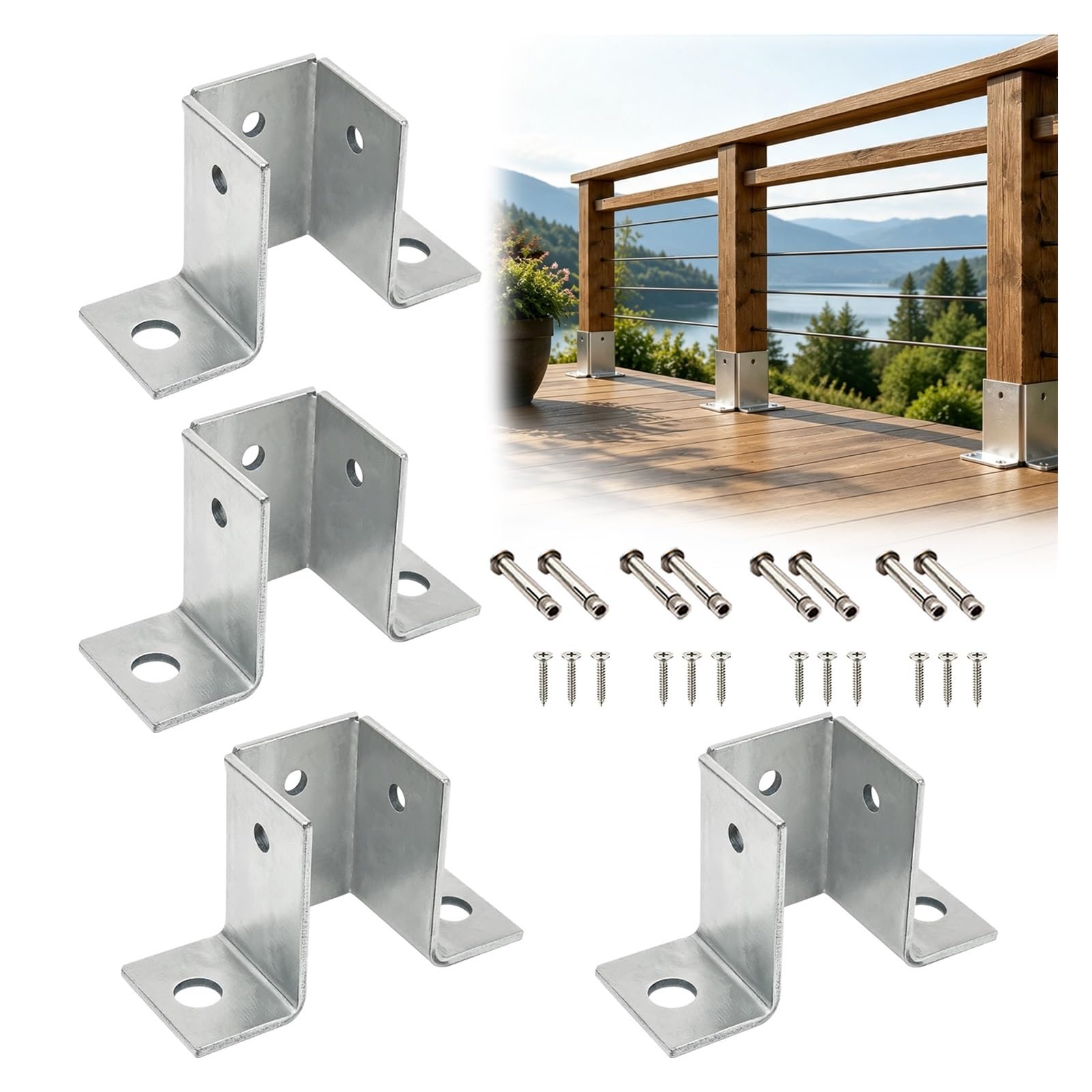 2 4 6 Pack Soporte Poste Madera Fácil Montaje Exterior | Anclaje de base poste acero galvanizado diseño abierto 3 lados pérgola/cerca/cubierta/jardín(4pcs,100x100mm/3.9x3.9'')
