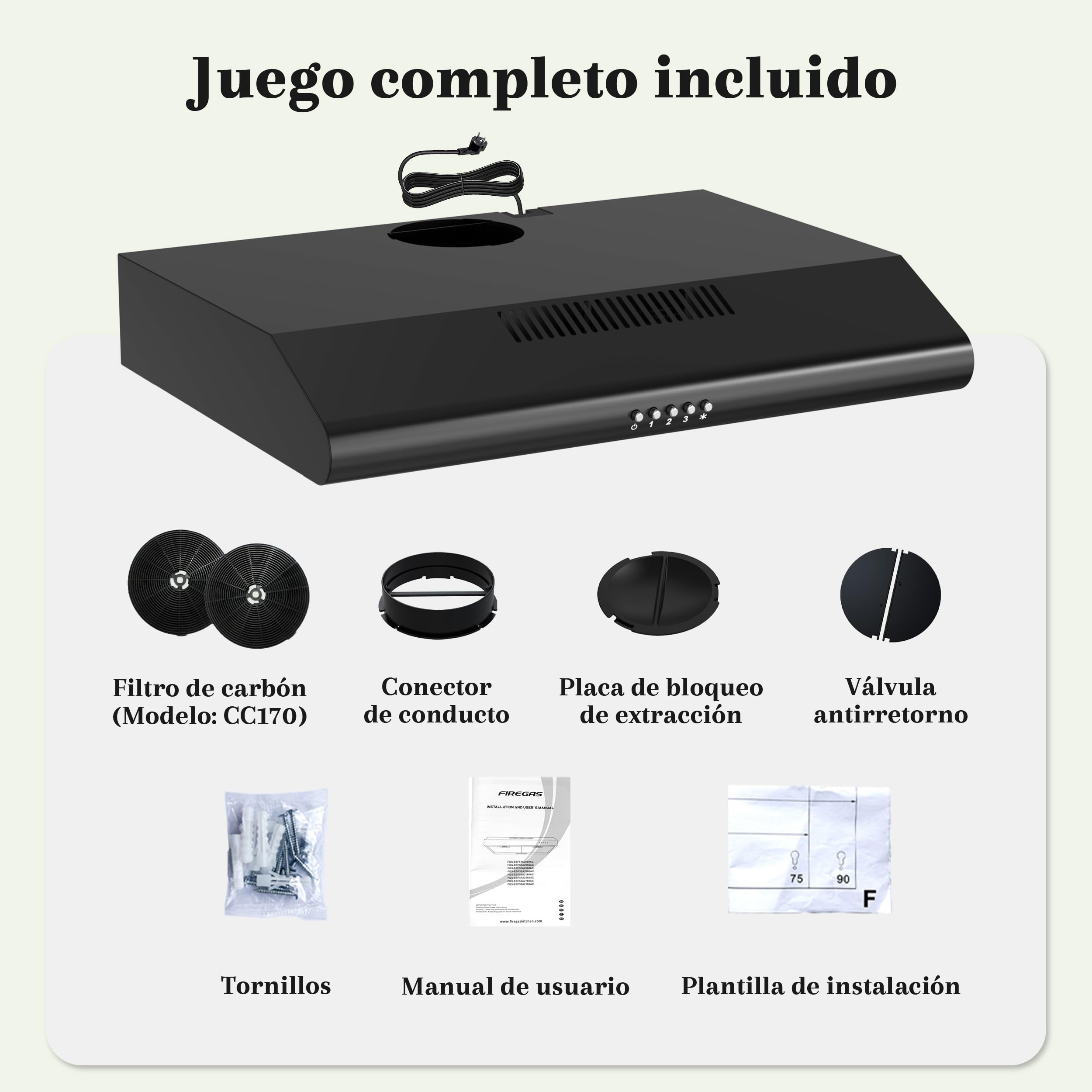 FIREGAS Campana Extractora 60cm Negra A++, Motor Brushless Silencioso 46dB, 319m³/h, Acero Inoxidable, Salida Superior/Trasera o Recirculación, Incluye 2 Filtros de Carbón
