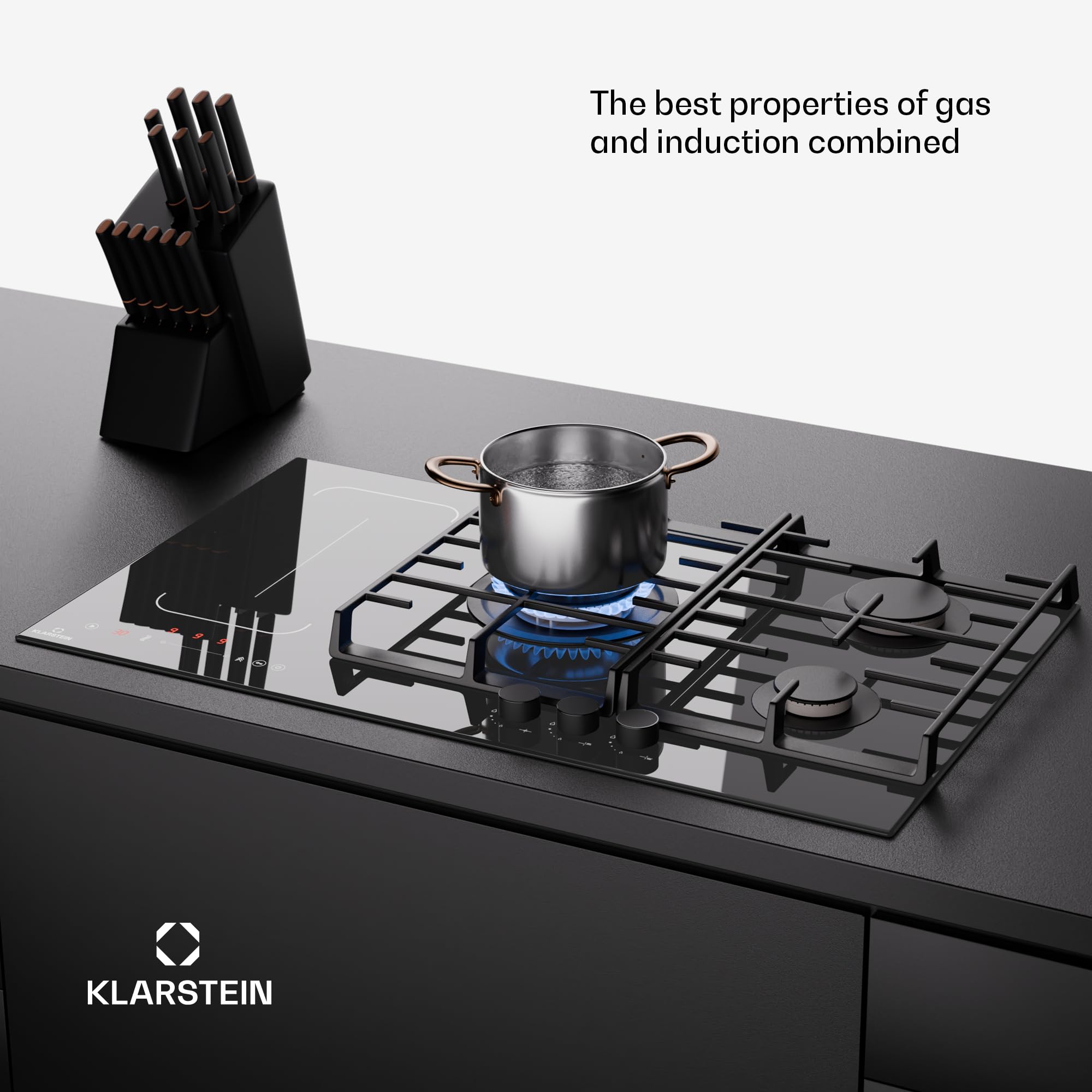 Klarstein MultiChef 5 płyta indukcyjna i gazowa - 5 stref, Flexzone, 10,6 Kw, zamek błyskawiczny, wyłącznik i GB, timer, czarny, 87,5 cm
