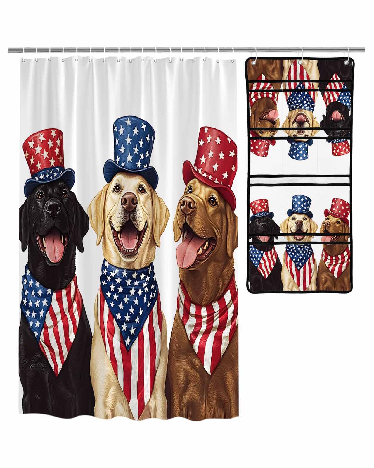 ZFUNCING Shower Curtain Mesh Shower Organizer Set Independence Day Patriotic Dogs Waterproof Bath Curtains Hanging Shower Caddy Bathroom