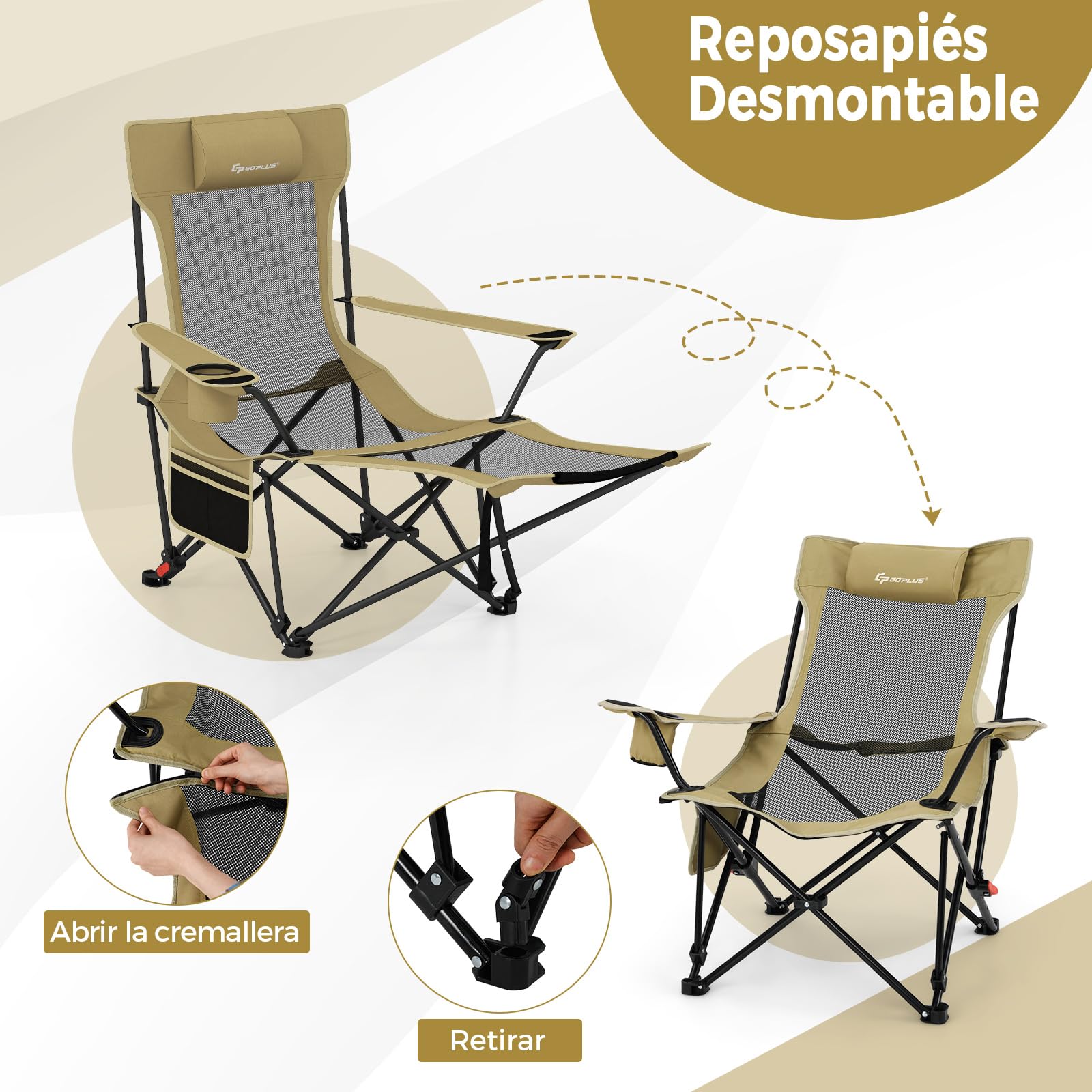 GOPLUS Silla Camping Ligera, 150 kg, Sillas Playa Reclinable de 4 Posisiones con Reposapiés Extraíble y Ajustable, Portavasos, Malla Transpirable y Bolsa de Transporte, Chair de Paseo para Jardín