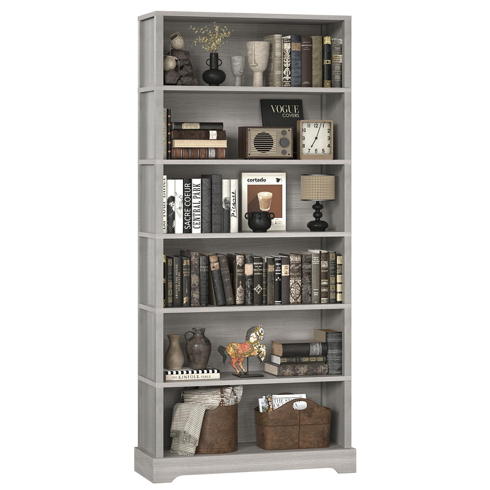 TVU 6-Tier Wooden Bookshelf, 77.2" Tall Farmhouse Style Open Bookcase, 31.5" W Standing Book Shelf with Storage, Suitable for Study, Living Room, Office, Grey