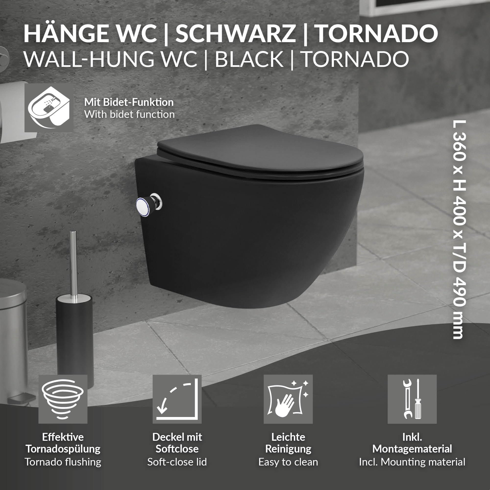 LuxeBath WC Suspendido con Función Bidé Negro de Cerámica, Inodoro Colgante 49 cm Corto con Cierre Suave Descarga Profunda de Tornado para Baño, Wáter con Asiento Extraíble y Tapa Brillante Softclose