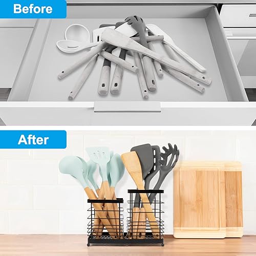 Miniatura 4 de RedCall Soporte para utensilios para encimera, soporte de cocina de acero inoxidable, soporte para espátula de cuchara 2 en 1 para encimera de