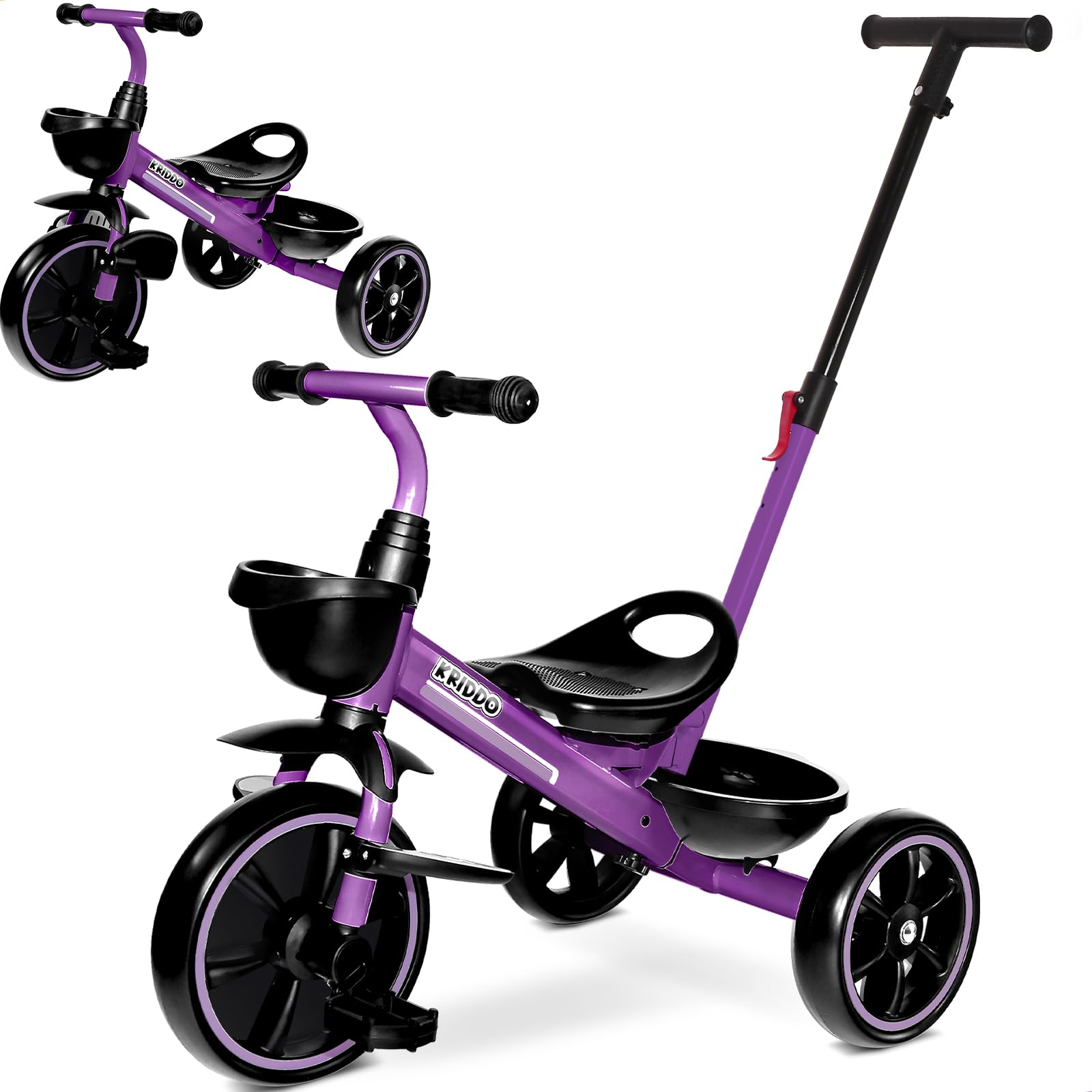 KRIDDO 2-in-1 Toddler Tricycle for Ages 18 Months to 5 Years Old - Extended Push Handle for Effortless Push, Gift Trike for Toddler 3 to 5 Year, Kids Tricycle with Foldable Front Footrest, Purpe — image 1