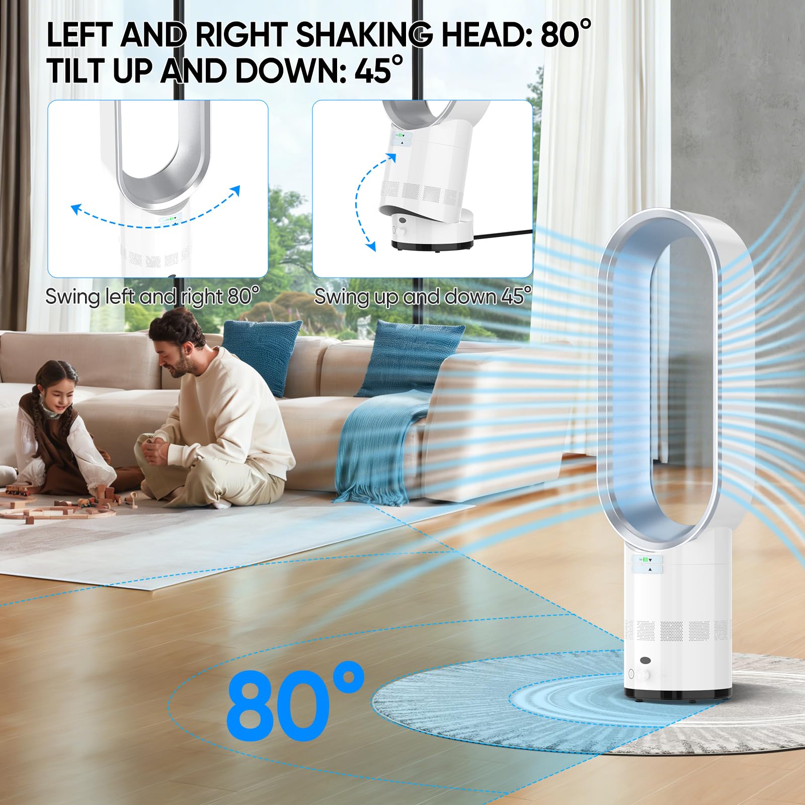 Ventilatore senza rotore con telecomando, ventilatore a torre 2 in 1, molto silenzioso e purificatore d'aria con HEPA, 8 velocità, oscillazione a 90°, timer, refrigeratore d'aria, climatizzatore
