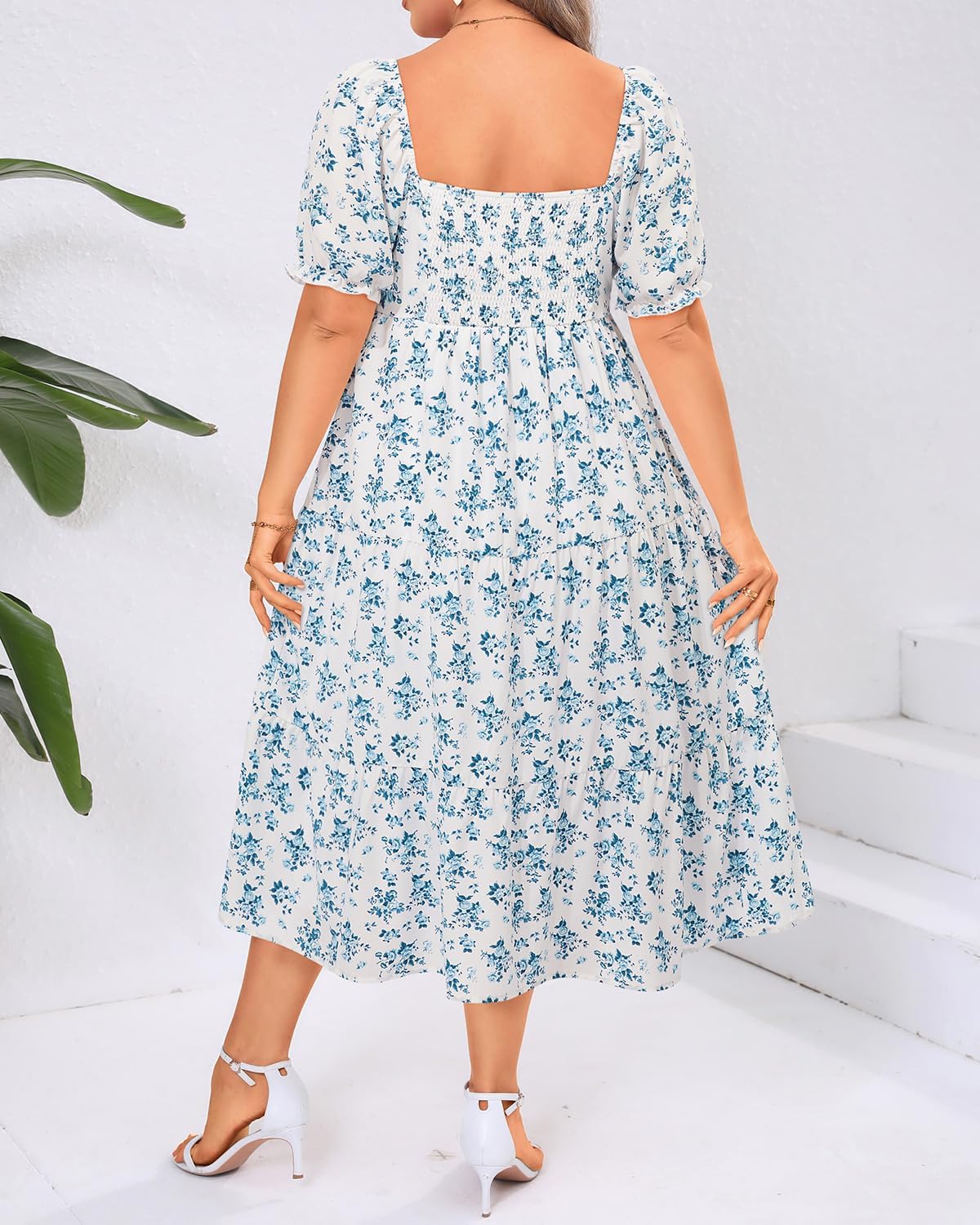 Plus Size Summer Dresses - Sweetheart Neck Drawstring Puff Sleeve Casual Wedding Guest Tiered Aline Flowy Midi Dress - Image 5