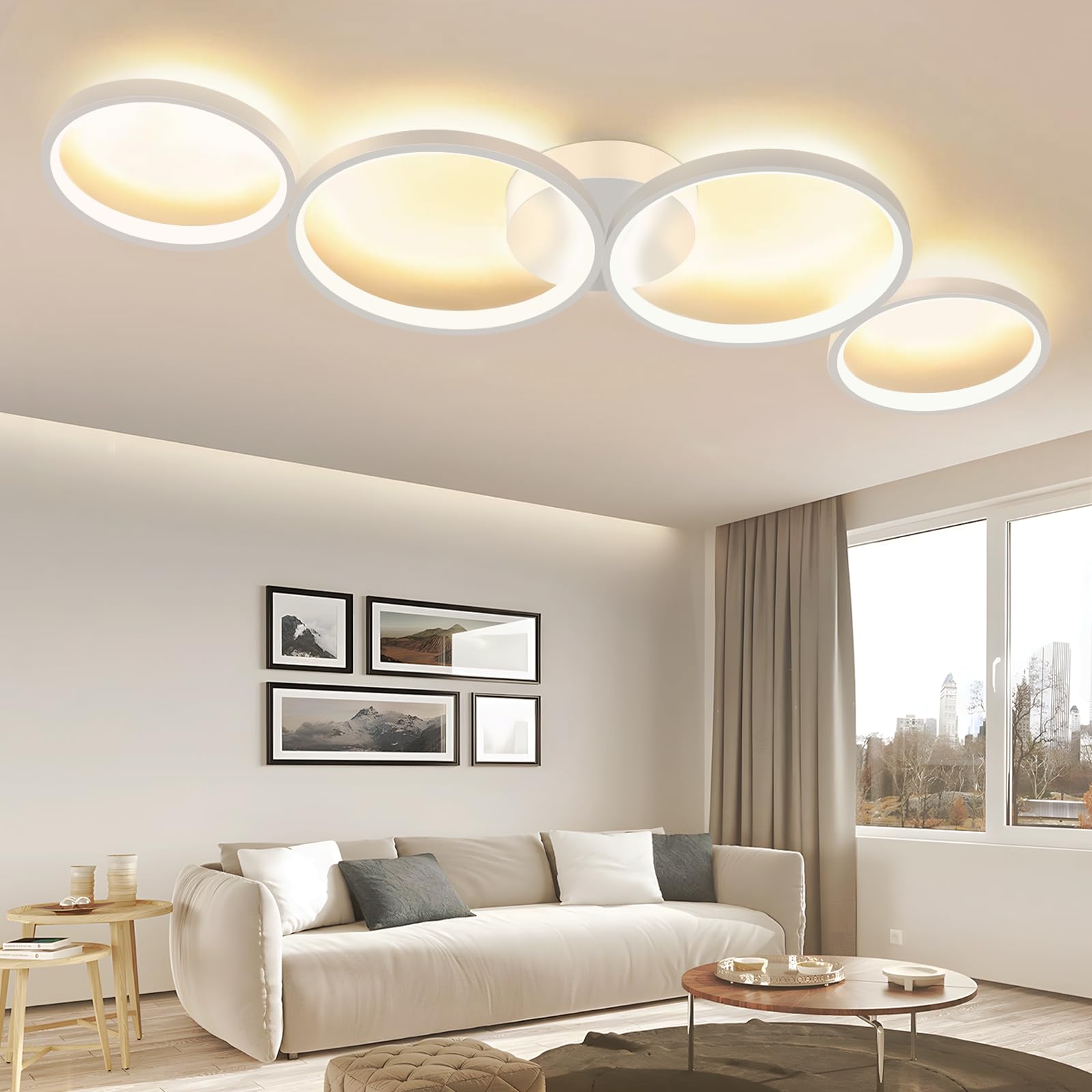 GBLY lampa sufitowa LED, nowoczesna, 4-punktowa, o wyglądzie pierścienia, 3000 K, ciepła biel, okrągła, 37 W, do salonu, z aluminium, do sypialni, salonu, korytarza, biura, gabinetu, 89 cm