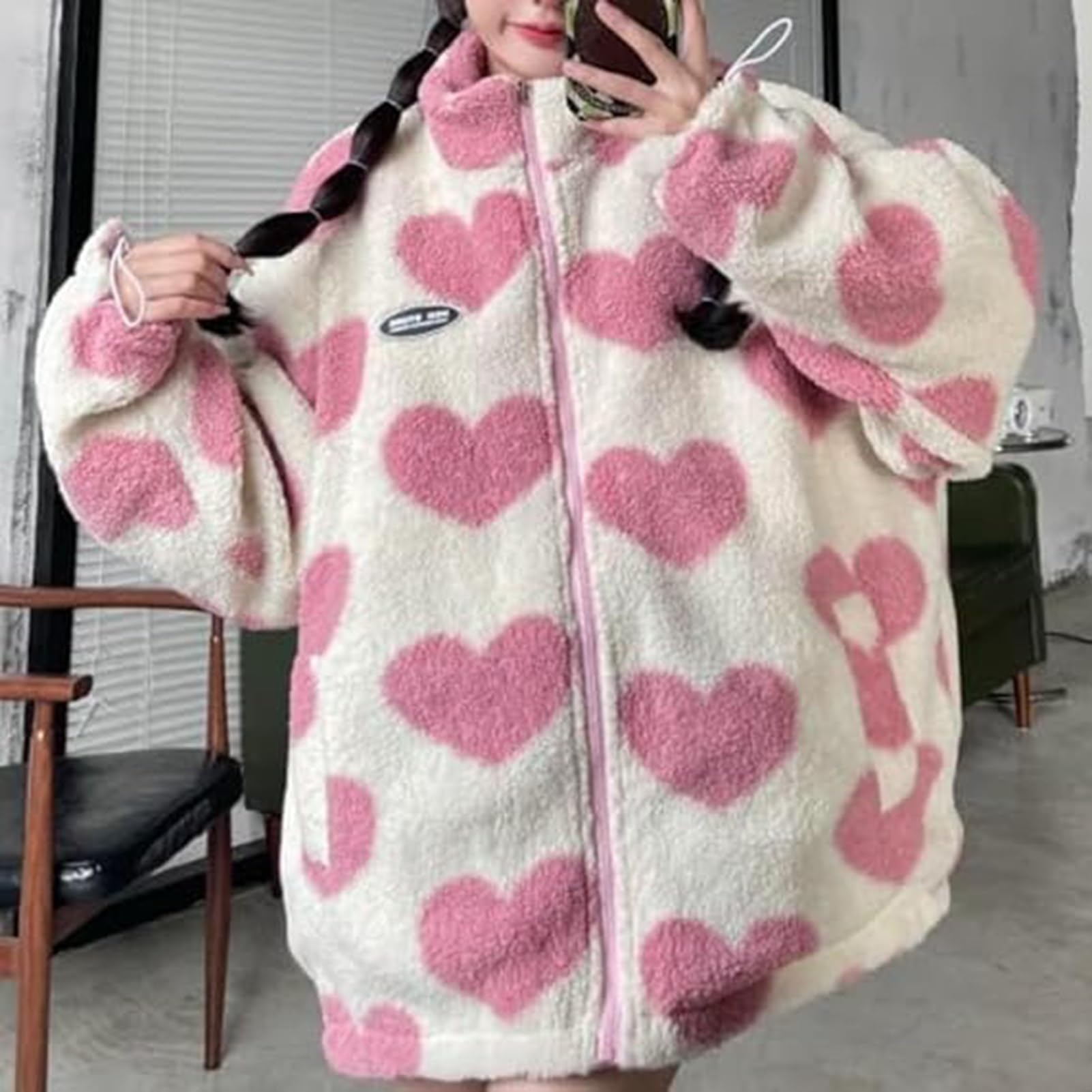 Giacche in Pile Sherpa da Donna, Reversibile Kawaii con Stampa a Cuore, Cerniera Pelosa Cappotti Cutecore Estetica Y2k Vestiti Gyaru