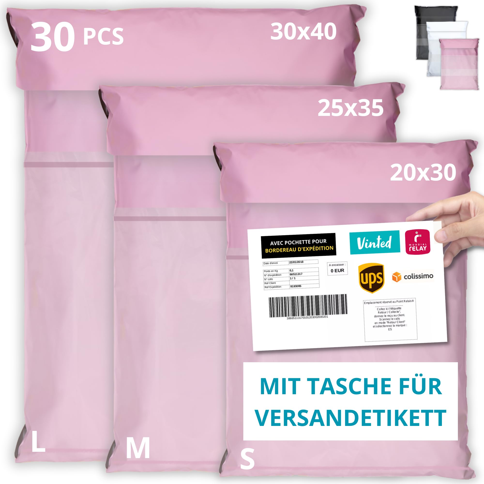 EMBALLAX - 30 Versandtaschen MIT TASCHE FÜR VERSANDETIKETT - 3 Größen S/M/L - WIDERSTANDSFÄHIG/WASSERDICHT - Versandtüten für Kleidung - Warensendung Umschlag für Kartons - Versandbeutel - Danke