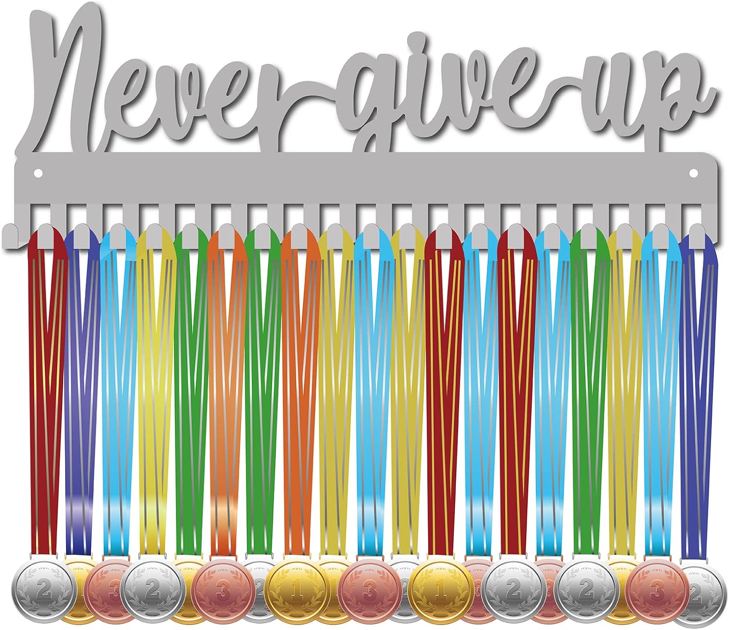 CREATCABIN Never Give Up Medal Holder Sport Medals Display Stand Wall Mount Hanger Decor Stainless Steel Hanging Award for Home Badge 20 Hooks Storage Running Soccer Gymnastics Over 60 Medals, Silver