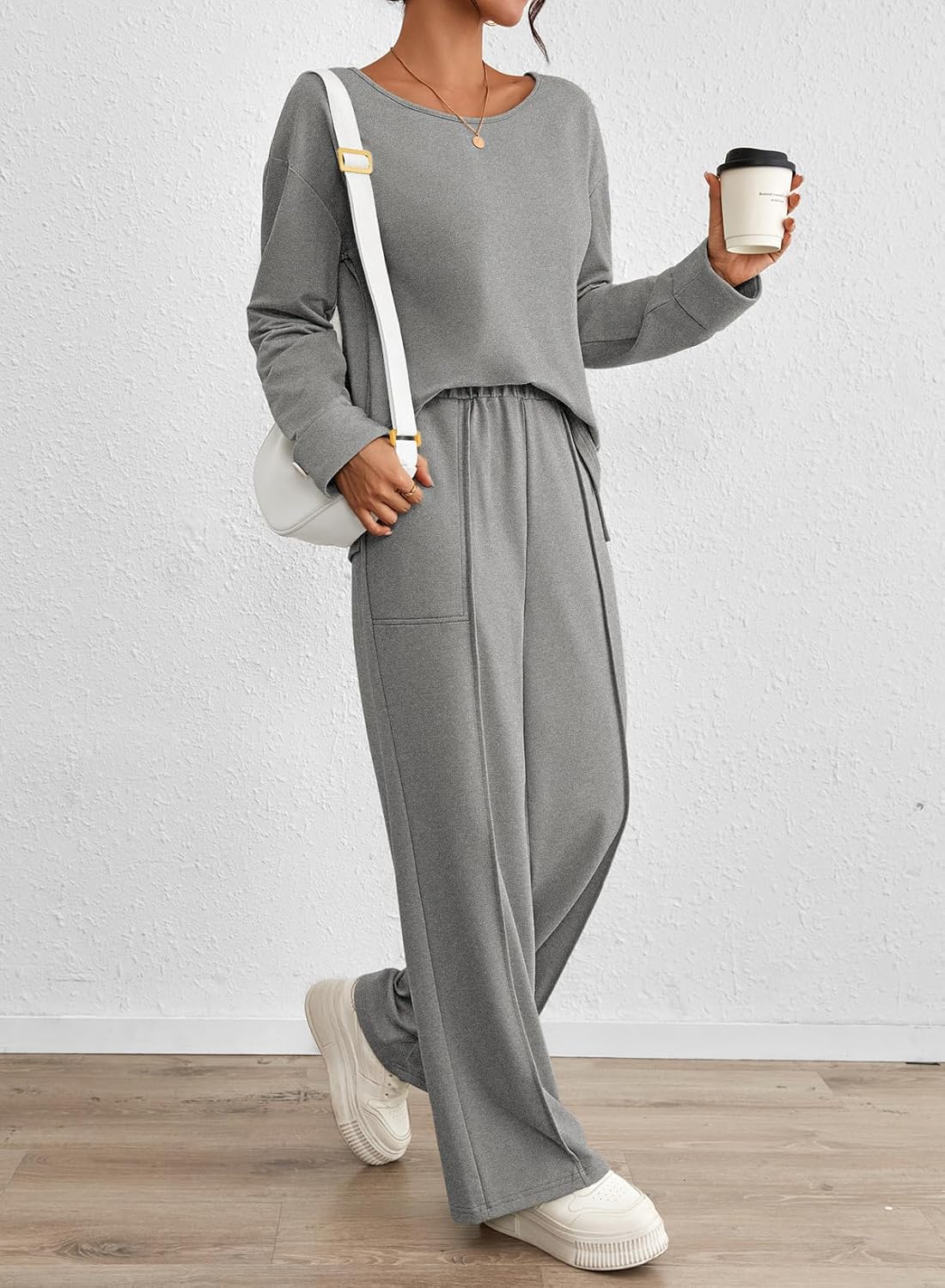 Viottiset Women's 2 Piece Set Casual Outfits Knit Top Wide Leg Sweater Long Sleeve Lounge Set Sweatsuit - Image 5