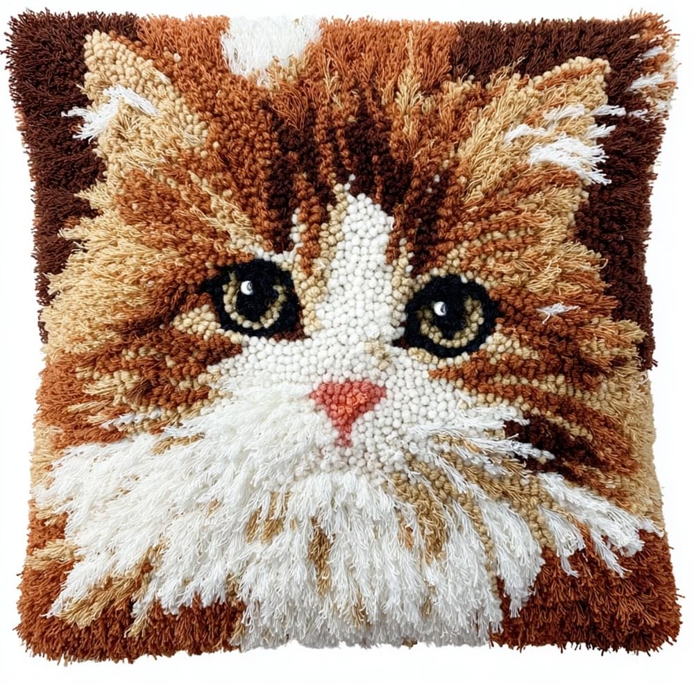 FWRTYCB Latch Hook Pillow Kit,Brown White Cat Scottish DIY Needlework Pill
