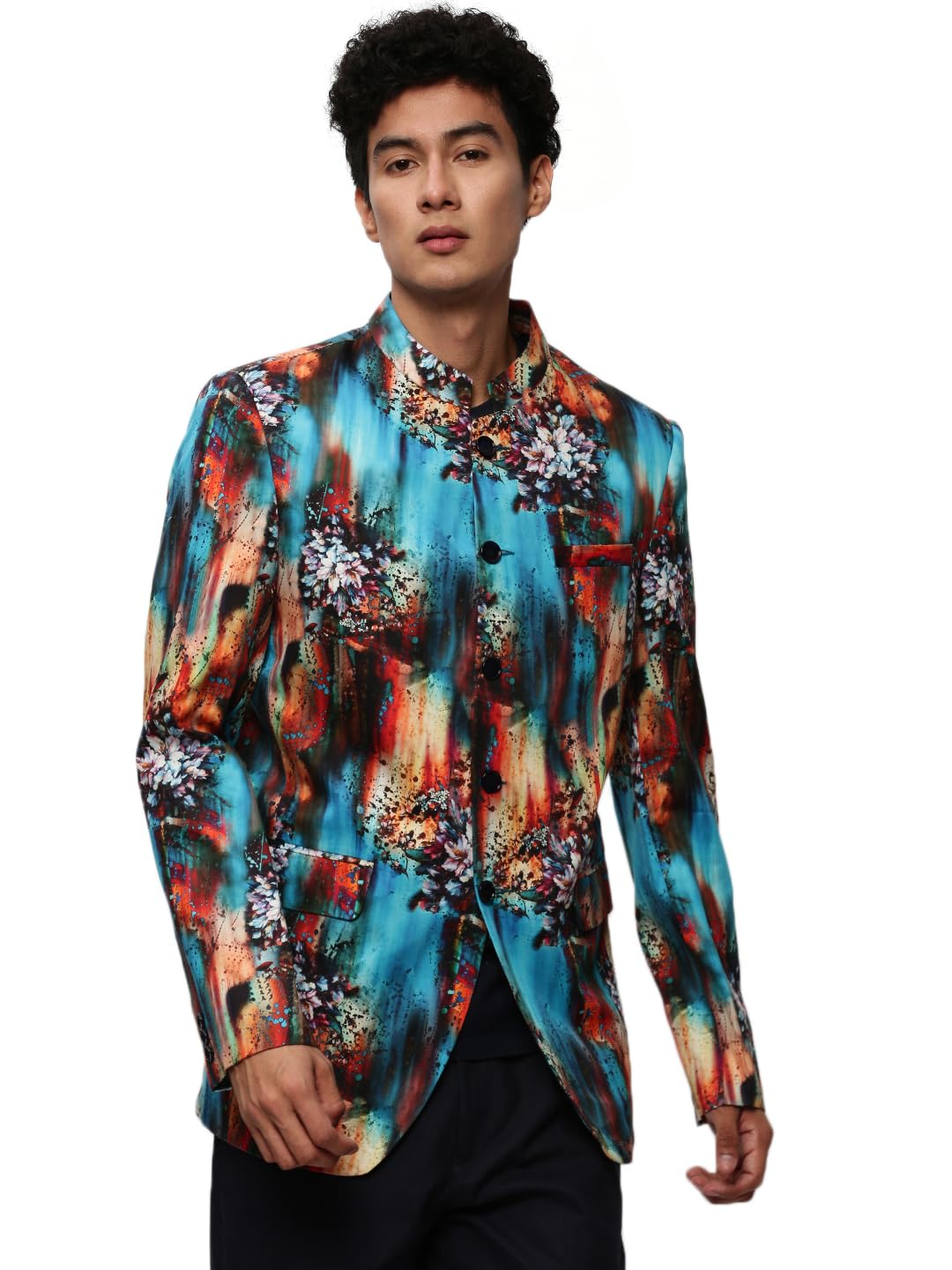 showoffff SHOWOFF Men's Mandarin Collar Printed Blue Bandhgala Blazer-SOBLZ-083-9_Blue-picture-24