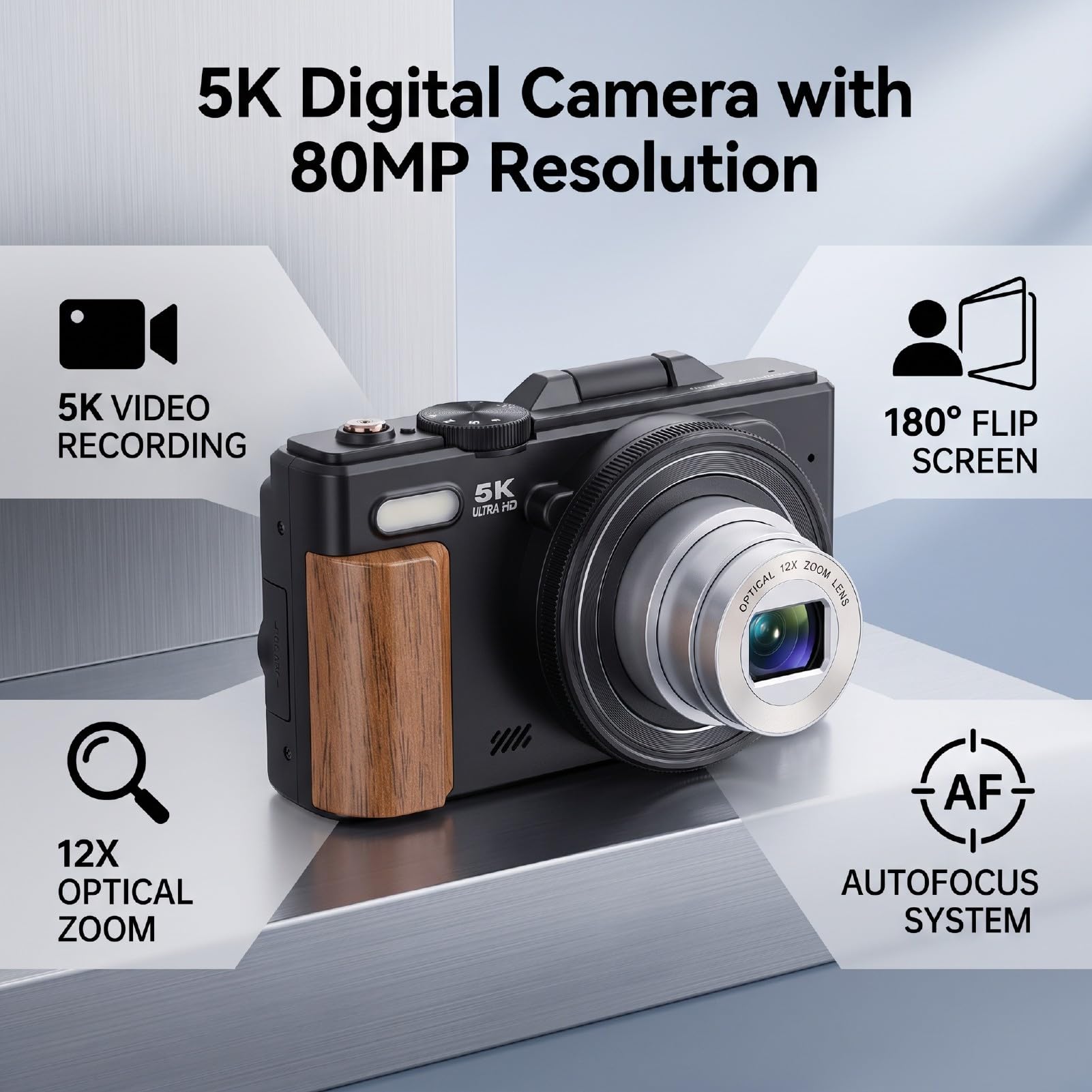 Bewinner Cámara Digital 5K para Vlogging de Fotografía de Viajes | Cámara sin espejo de 80MP con pantalla abatible 180 de 3 pulgadas, enfoque automático con zoom óptico de 12X, cámara WiFi