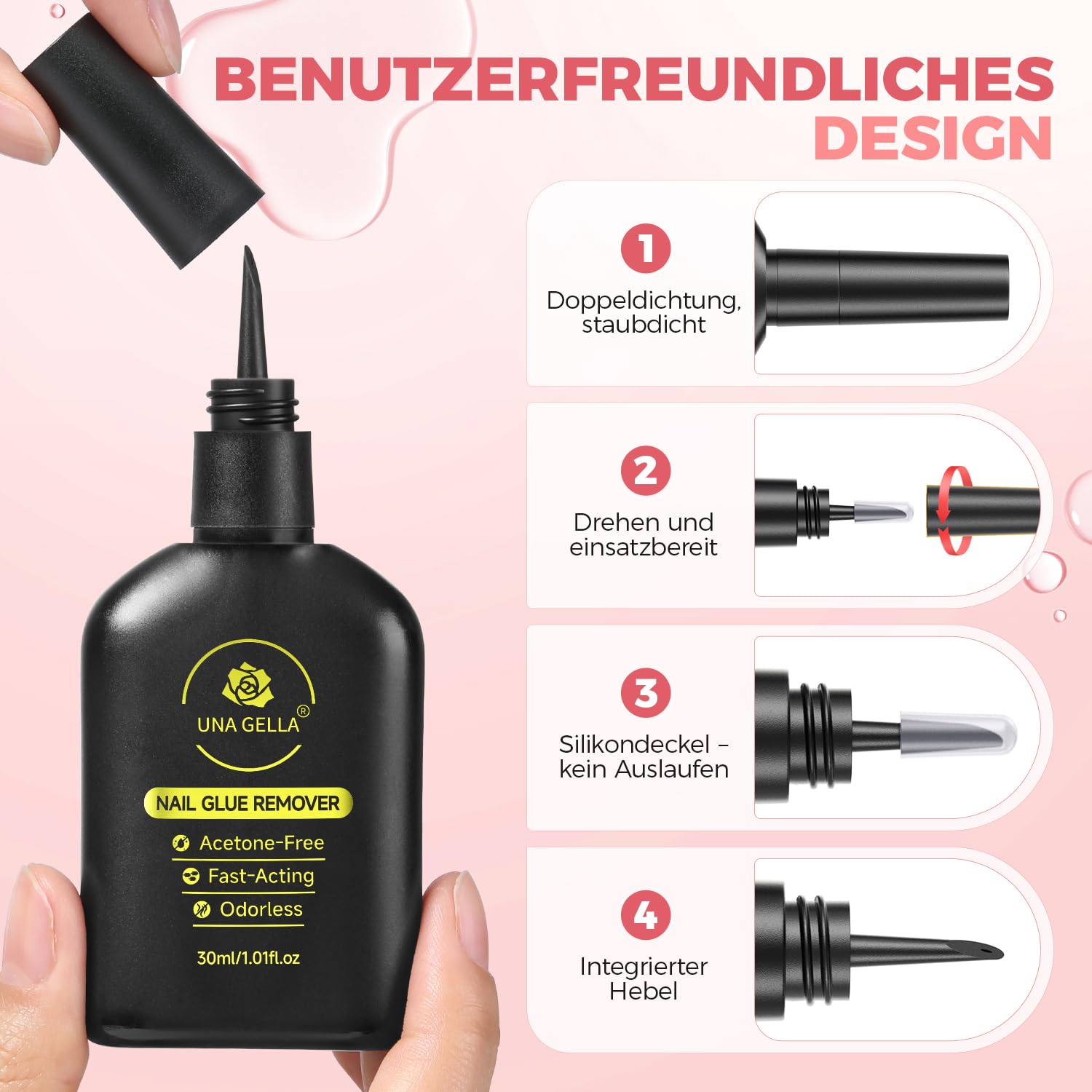 UNA GELLA Rimozione di colla per unghie Press On Nails, 30 ml, con leva integrata senza acetone, Soak Off per Nail Tip, colla fai da te (non per smalto gel UV)