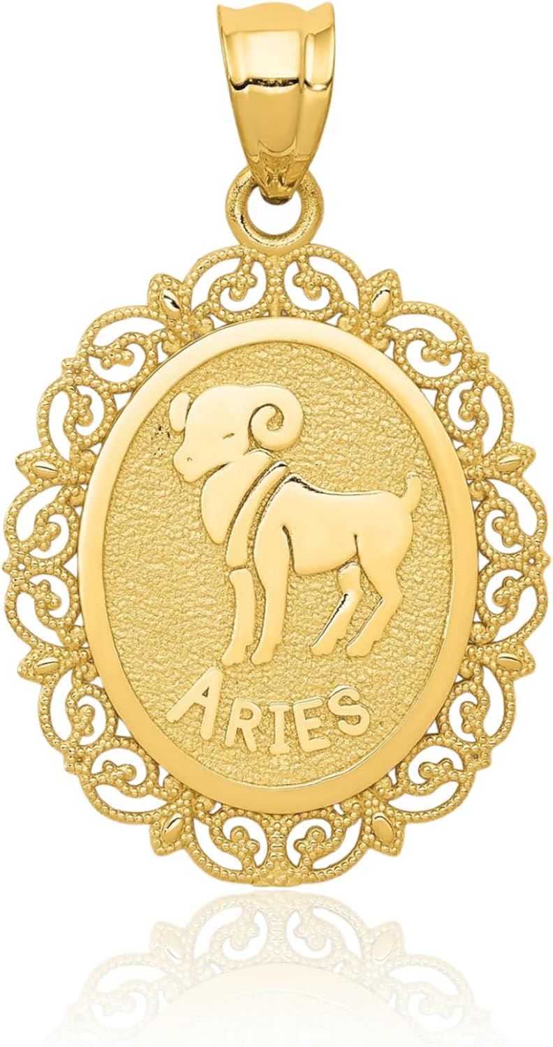 IceCarats 14K Solid Yellow Gold Filigree Large Aries Zodiac Medal Pendant Necklace 28mm 1.1 inch Polished, Textured, Matte For Her For Him