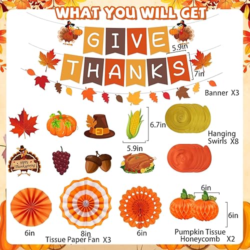 Miniatura 3 de 24 decoraciones de Acción de Gracias, decoraciones de fiesta de Acción de Gracias, incluye pancarta de dar gracias, guirnalda colgante de otoño para
