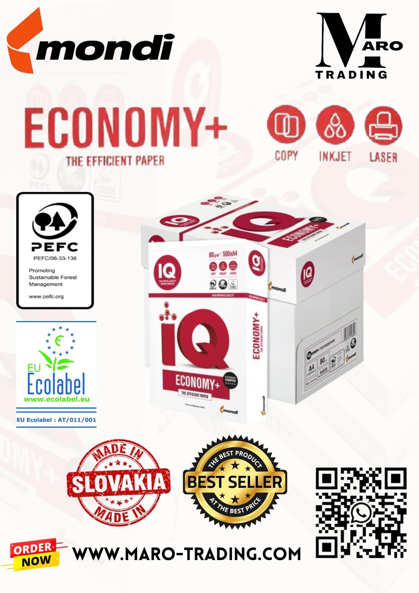 Carta per Fotocopie Mondi IQ Economy Plus Bianco - A4, 80 g/mq, Risma 500 fogli CONFEZIONE 5 PZ