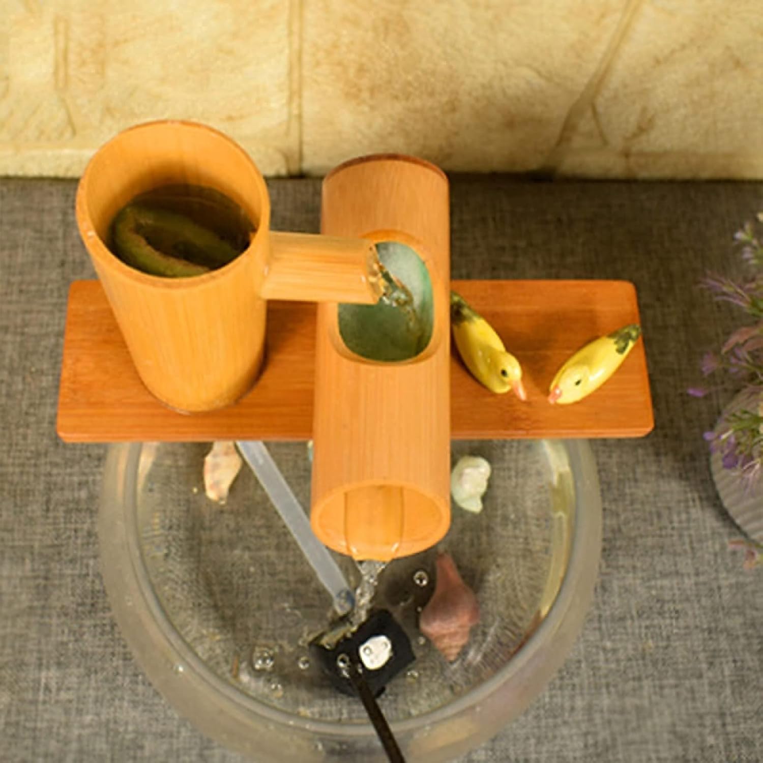 Solar Bamboo Fountain Bird Bath, Bamboo Flowing Water Ornament with Solar Pump for Fish Ponds, Gardens, and Outdoor Decor