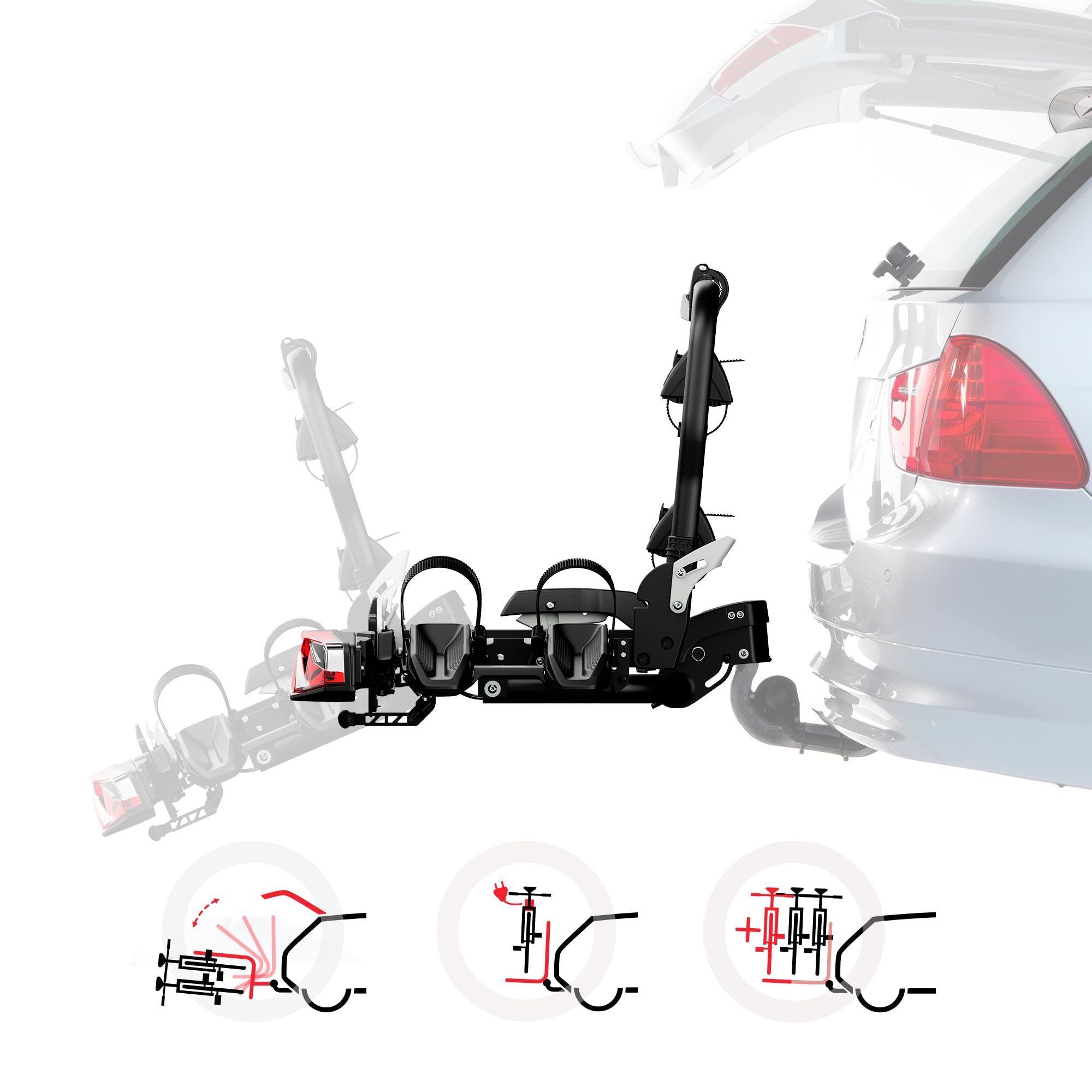 Atera 022800 Portabicicletas Forza M, Soporte de Embrague para Coche, Plegable, con Luces traseras, para 2 Bicicletas o Bicicletas eléctricas Pesadas, Color Negro