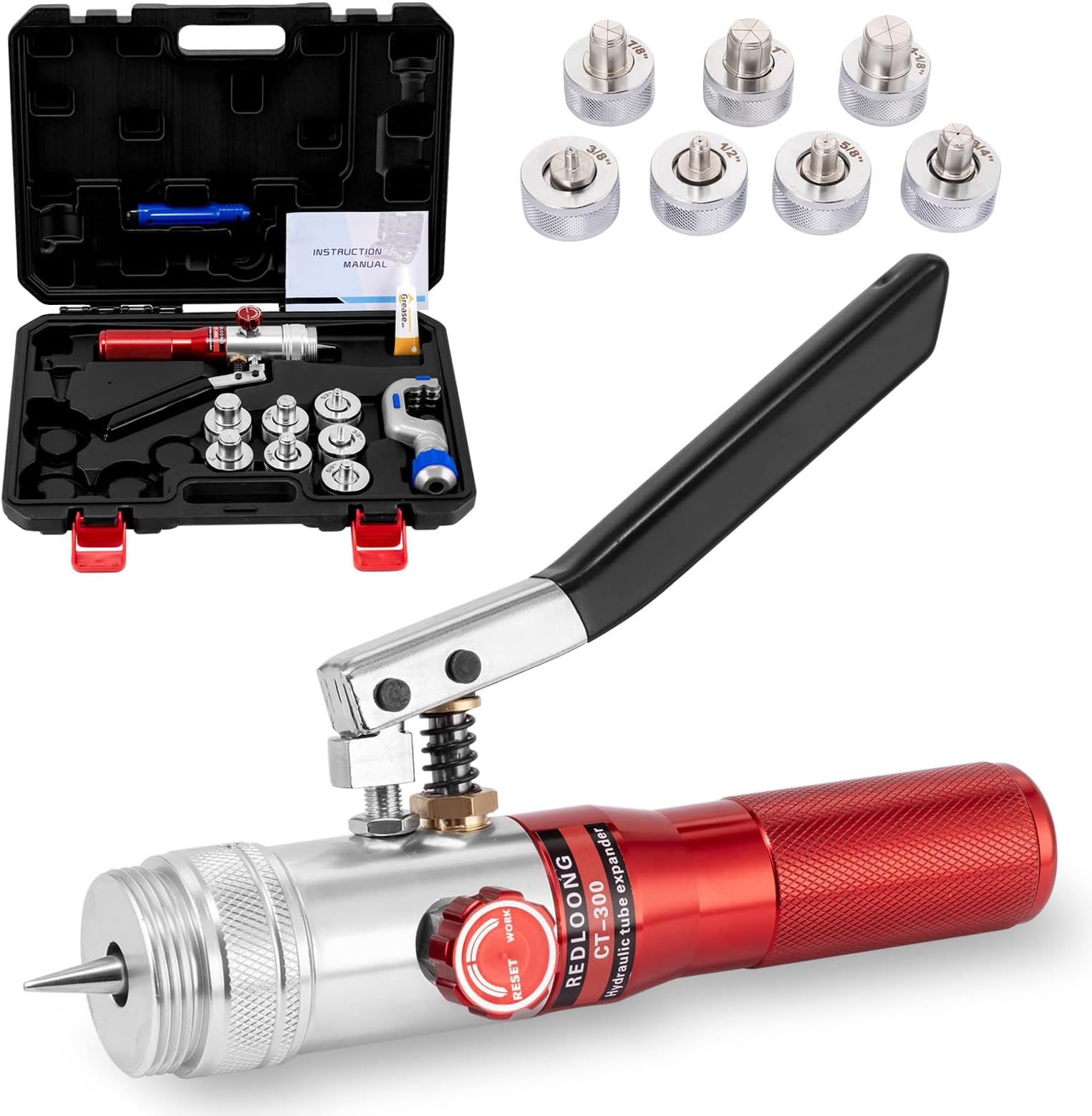 Hydraulic Tube Expander Compact Swaging Tool Kit with Tube Cutter, Deburring Tool and 7 Expander Heads for 3/8 to 1-1/8 Inches Copper Pipes HVAC Expander Tools (Red)