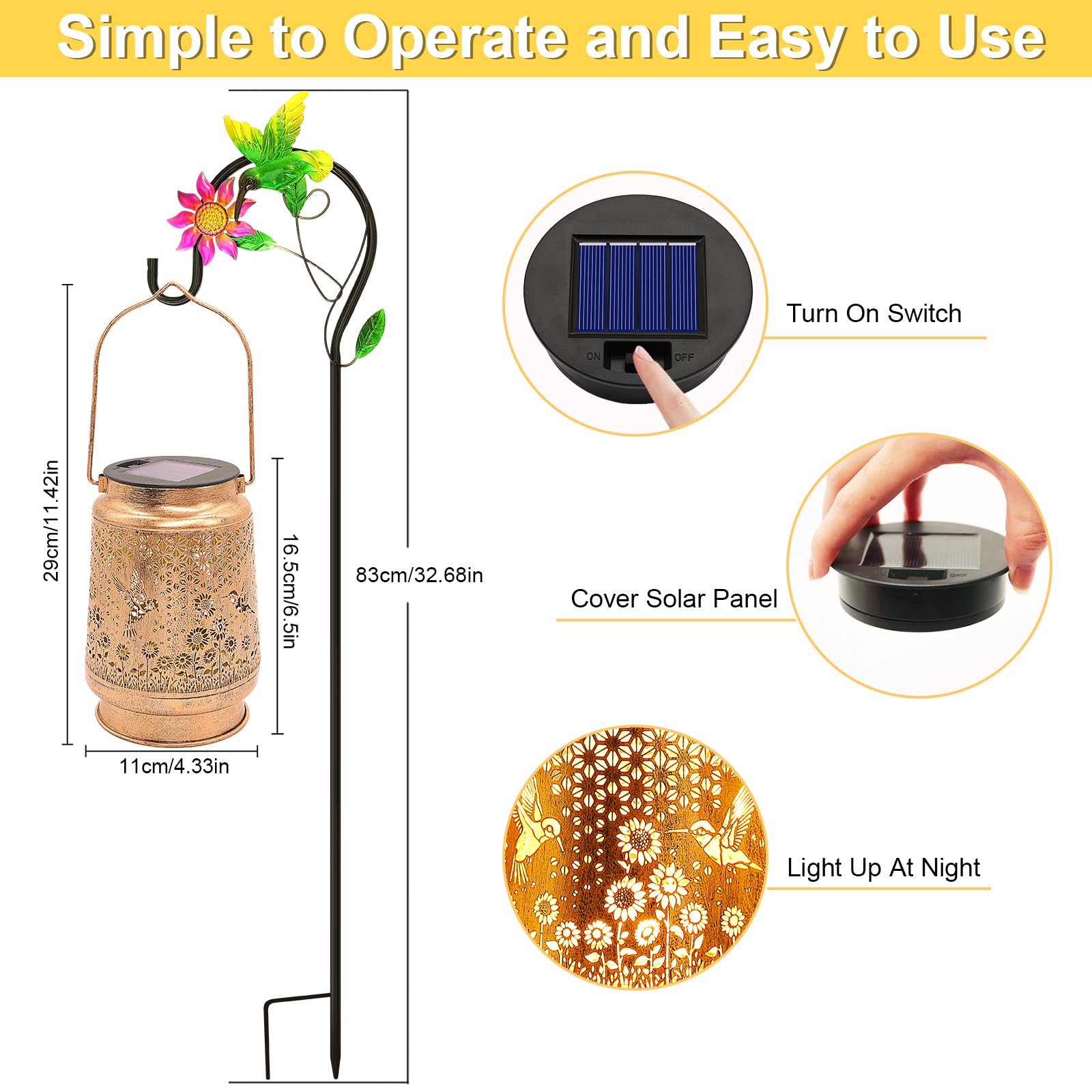 Confezione da 2 lanterne solari solari da esterno con gancio a pastore, impermeabili, colibrì, girasole, decorazione da giardino, decorazione a LED per cortile, patio, tavolo, prato, regalo perfetto