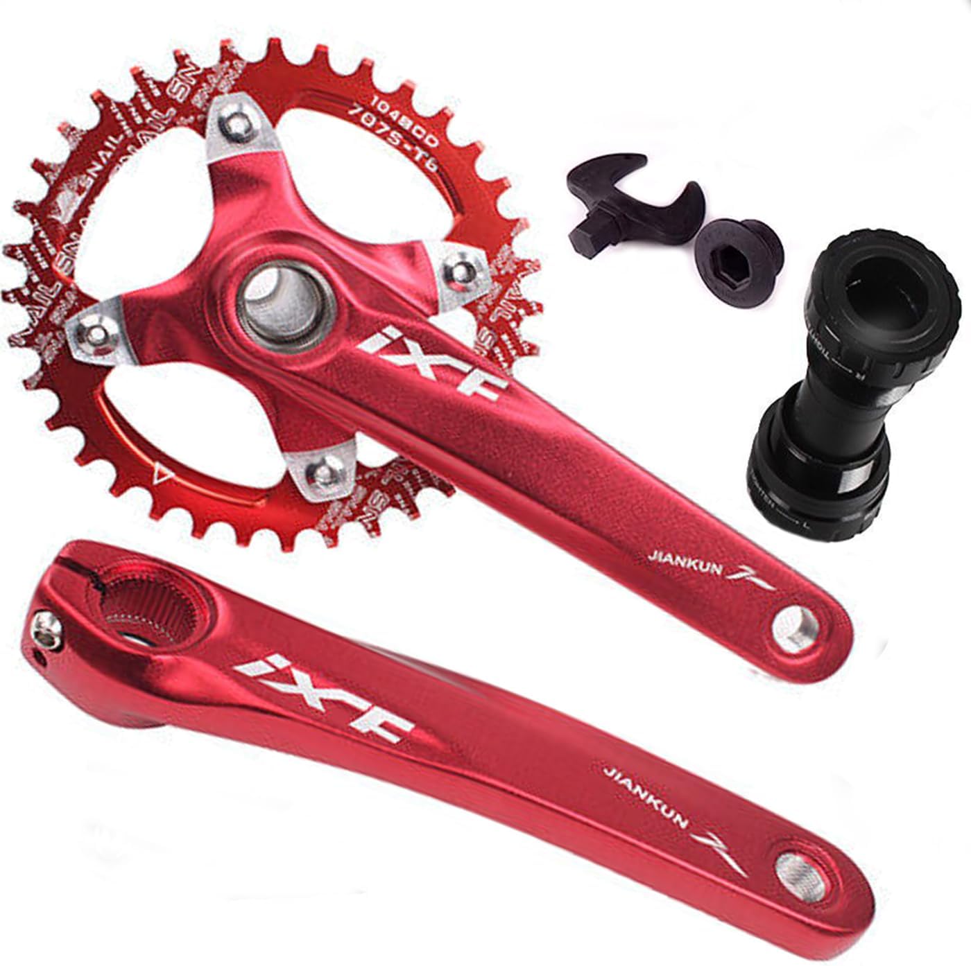 BUCKLOS IXF 104 BCD 30-52T Mountain Bike Crankset -Hollow Integrated MTB 170mm Crank Set- Aluminum Alloy Bike Crankset with Narrow Wide Tooth Chainring Bottom Bracket Bolts (Black/Red)