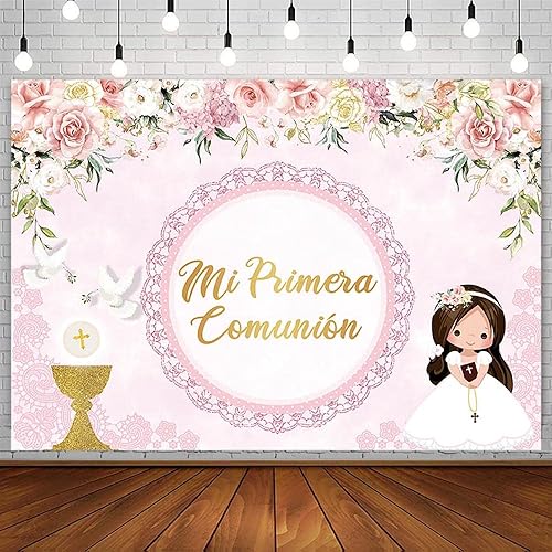 Telón de fondo de bautismo de 8 x 6 pies para niño Mi Primera Comunión Bautizo Fotografía Fondo Dios bendiga Primera Comunión Banner Palomas Cáliz