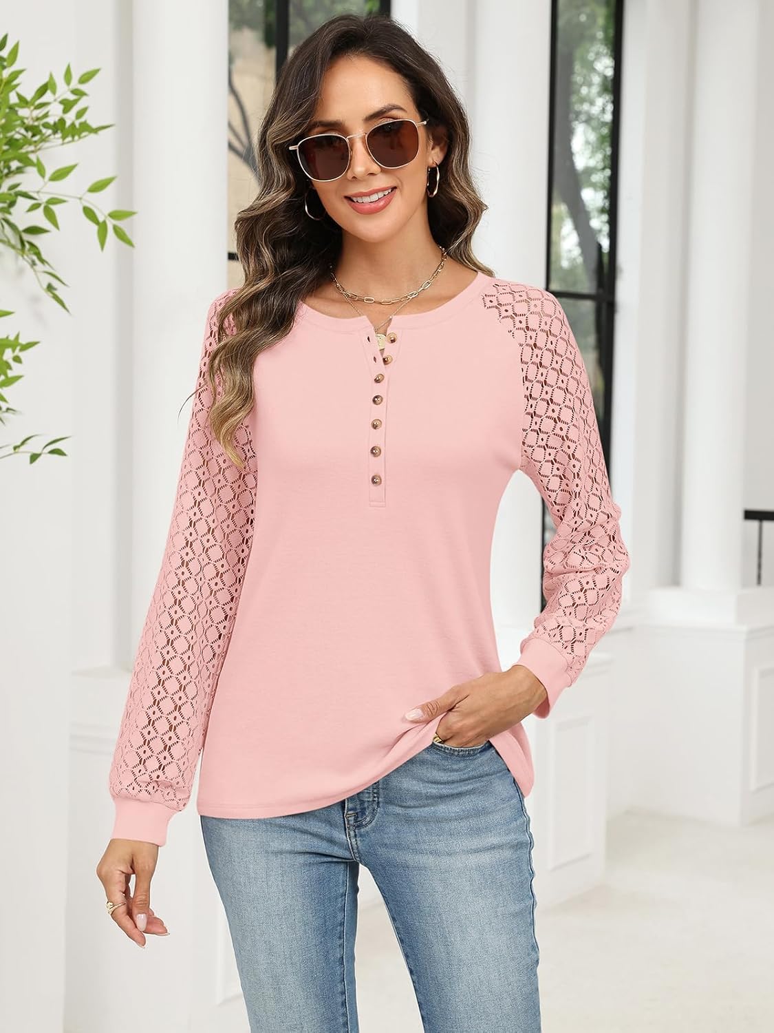 Minetom Women's Lace Long Sleeve Tops Henley Shirts Casual Blouses T Shirts Fall Clothes - Image 3