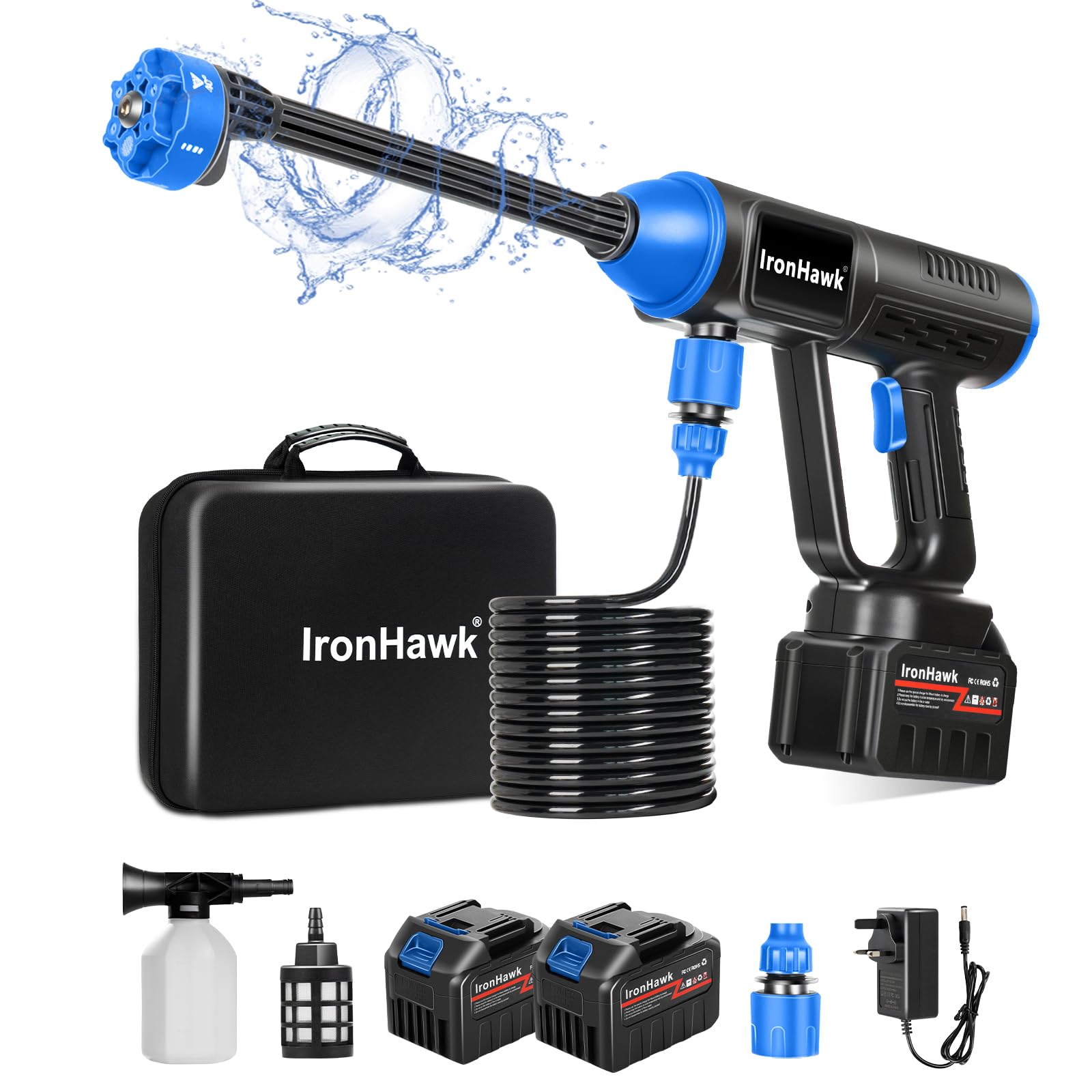 Limpiadora a Presión Inalámbrica IronHawk – Batería 2×Li‑Ion, Compacta y Portátil, Boquilla 6 en 1, Manguera 10 m – para Coche, Terraza y Jardín