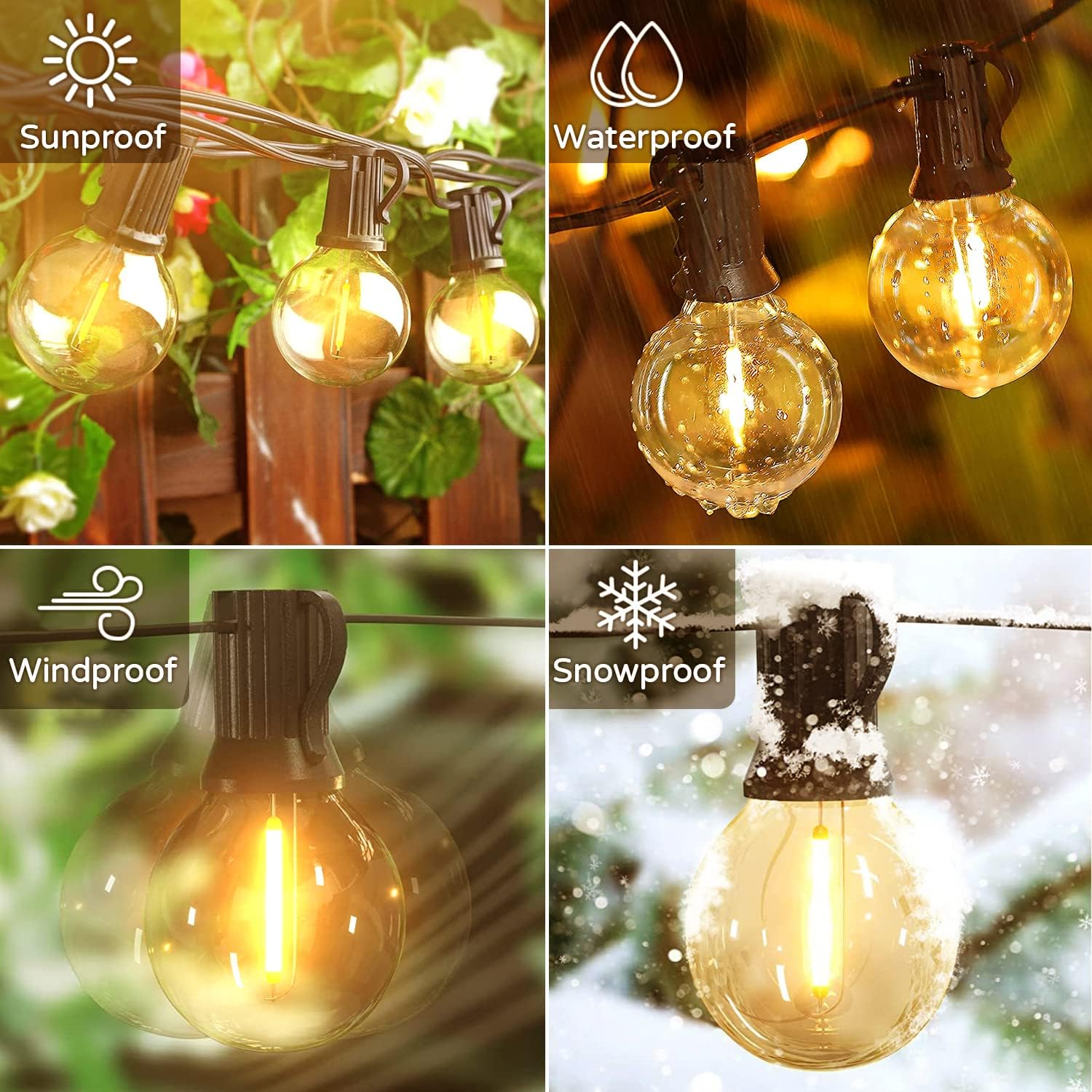 Zewnętrzne światła strunowe, 50 FT+5FT odporne na blaknięcie światła LED Patio z 30 ściemnialnymi plastikowymi żarówkami G40, 2200 K Wodoodporne lampki wiszące String, kompatybilne zewnętrzne światła