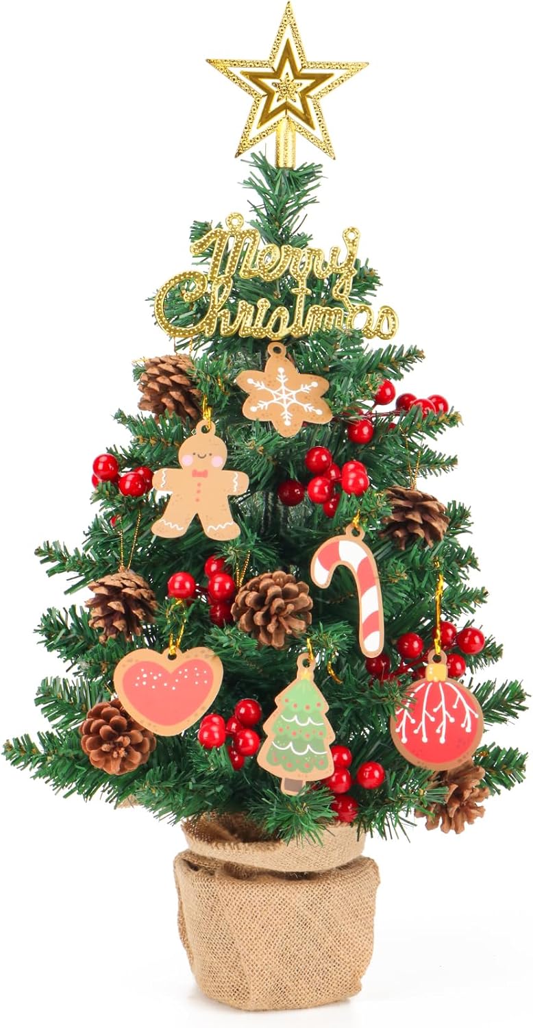 KLOLKUTTA Artificial Mini Christmas Tree with Lights, 22Inch Tabletop