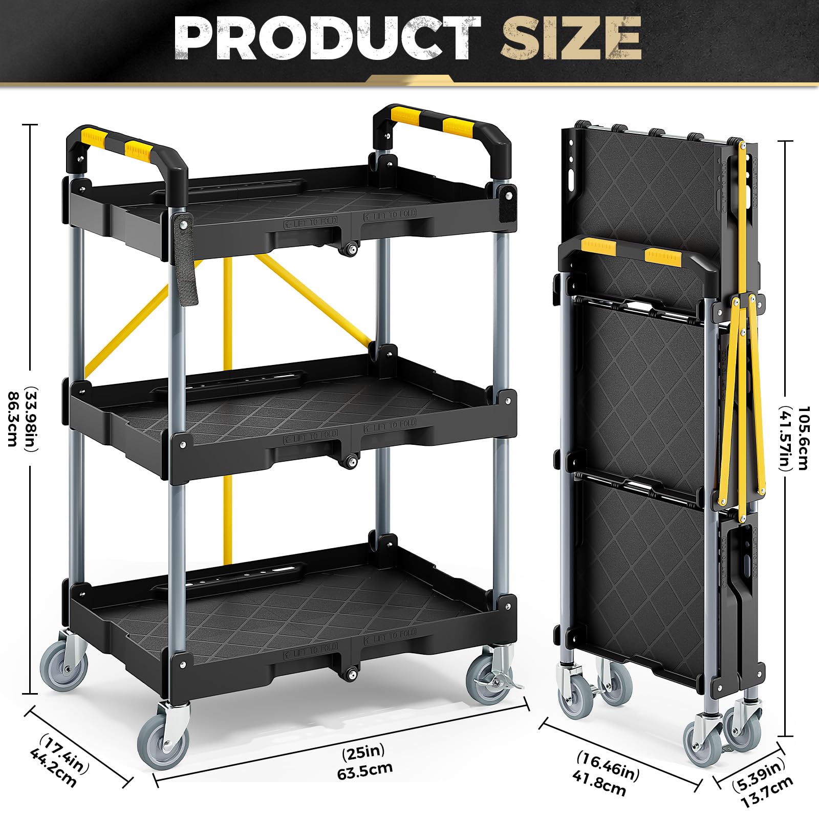 KINGRACK Carro Herramientas Resistente 3 Niveles Plegable con Ruedas | Carro multiusos ahorra espacio con ruedas silenciosas bloqueables para garaje, bricolaje, lavado coches, hogar y camping