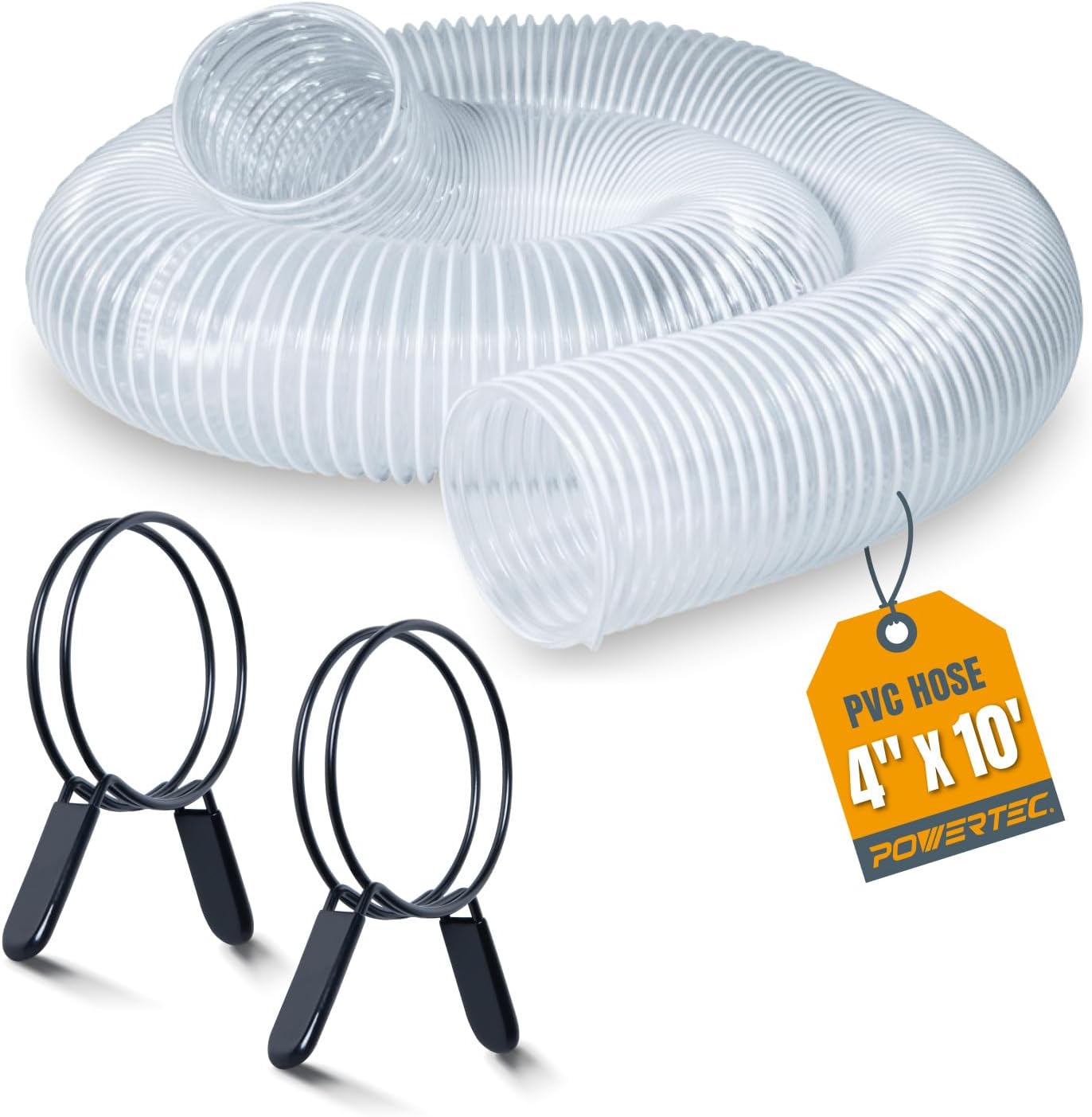 POWERTEC 4" x 10' Flexible PVC Dust Collection Hose w/ 2pc Double Loop Hose Clamps for Dust Collector, Table Saw, Band Saw, Planer, Woodworking and Garage, WoodShop Dust Collection System (70440)