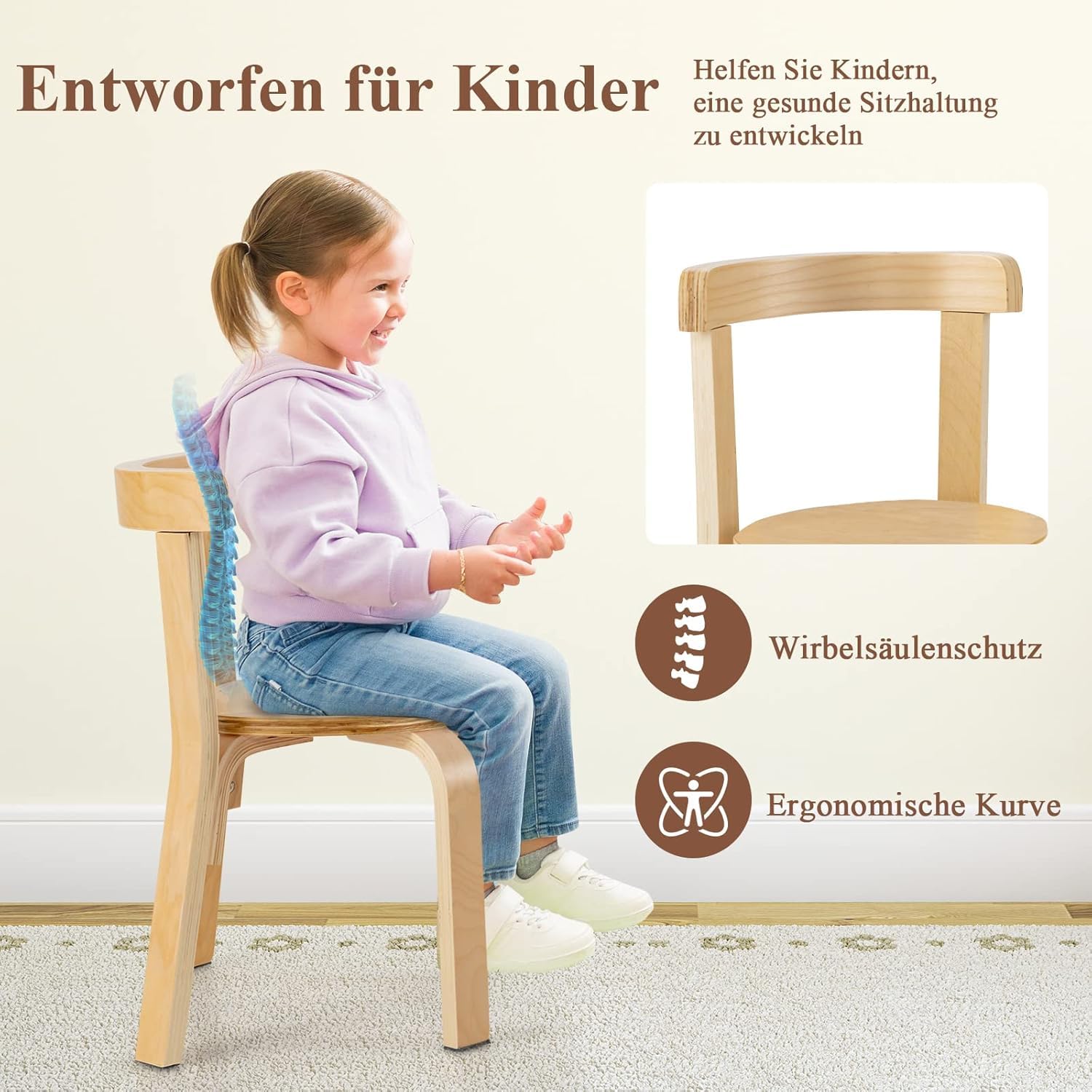 DREAMADE Kindertisch mit 4 Stühlen, Kindersitzgruppe aus Massivholz, Kinder Tisch Stuhl Set, Kindermöbel Set, Sitzgruppe für Kinder Mädchen und Jungen (Natur)