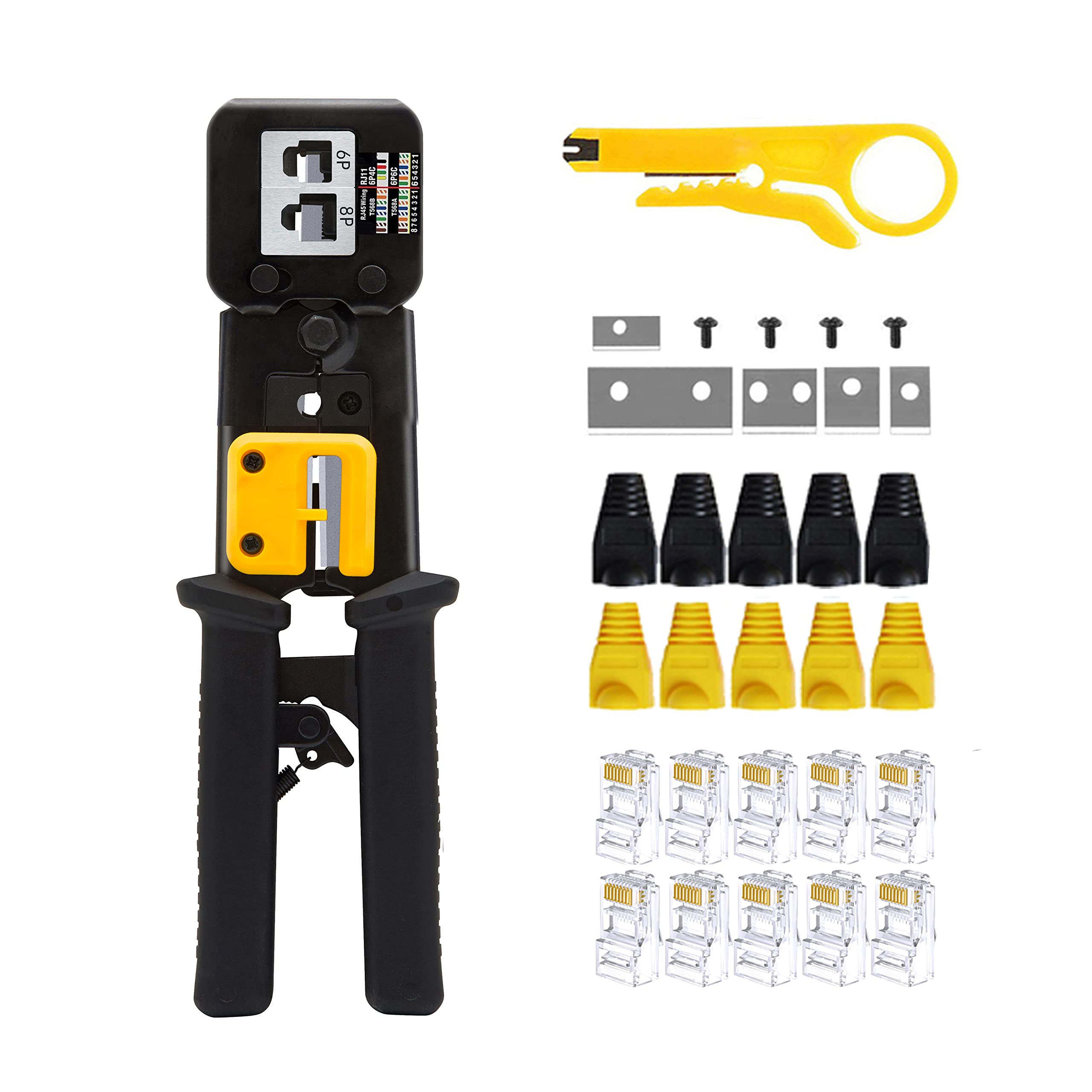 MAYLINE RJ45 Network Crimp Tool Kit Set, CAT5 CAT6 Crimper Cable Tester Repair Wire Stripping Cutter Kit, Pass Through Coax Plug Crimping, Punch Down Wire Data LAN Detector Stripper (Silver)