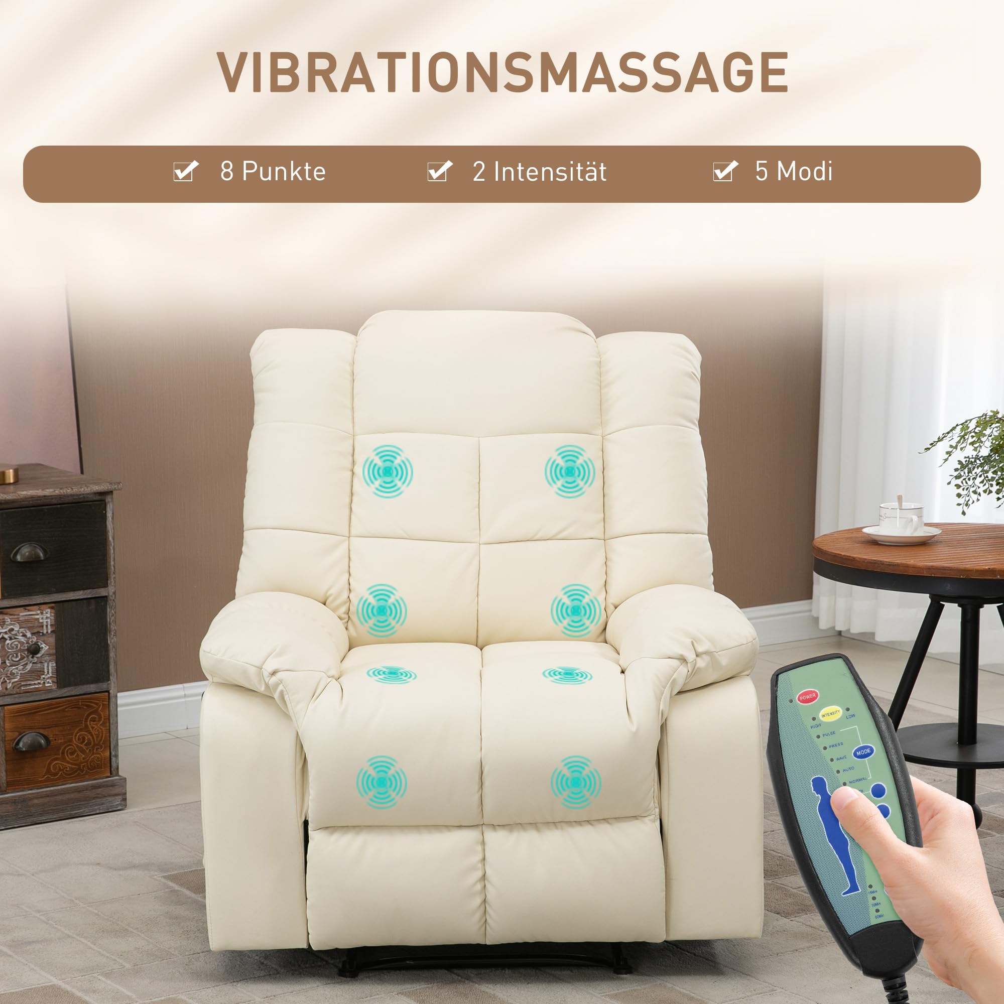 HOMCOM Relaxsessel Massagesessel mit Liegefunktion Vibration Cremeweiß | Fernsehsessel, Vibration, Seitentasche, TV Sessel, Liegesessel, Ruhesessel, Wohnzimmer