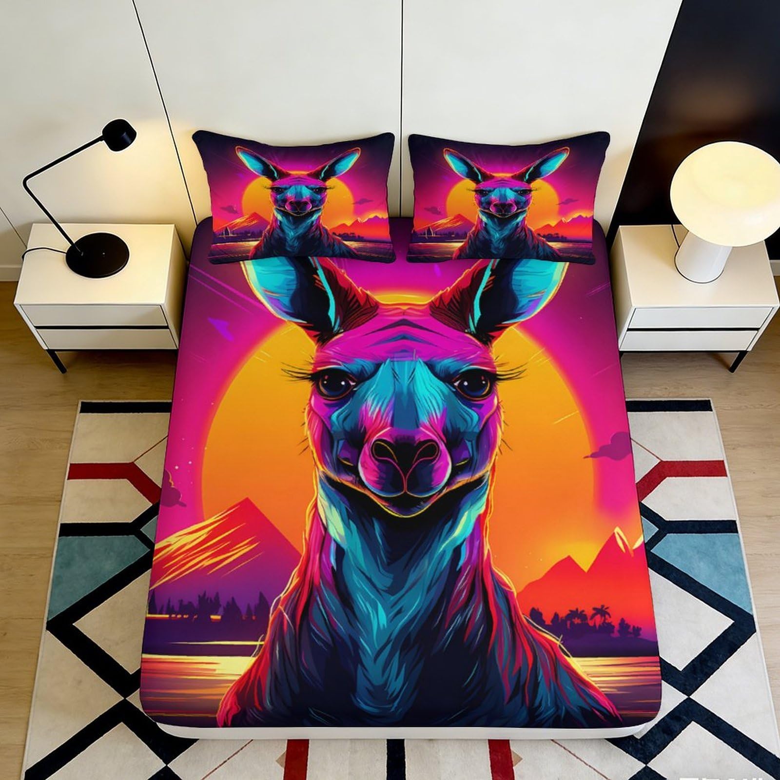3D Printed Neon Kangaroo Fitted Sheet Microfiber Vibrant Sunset Mountain Mattress Cover for Bedroom Decor Protection 90x200x25cm