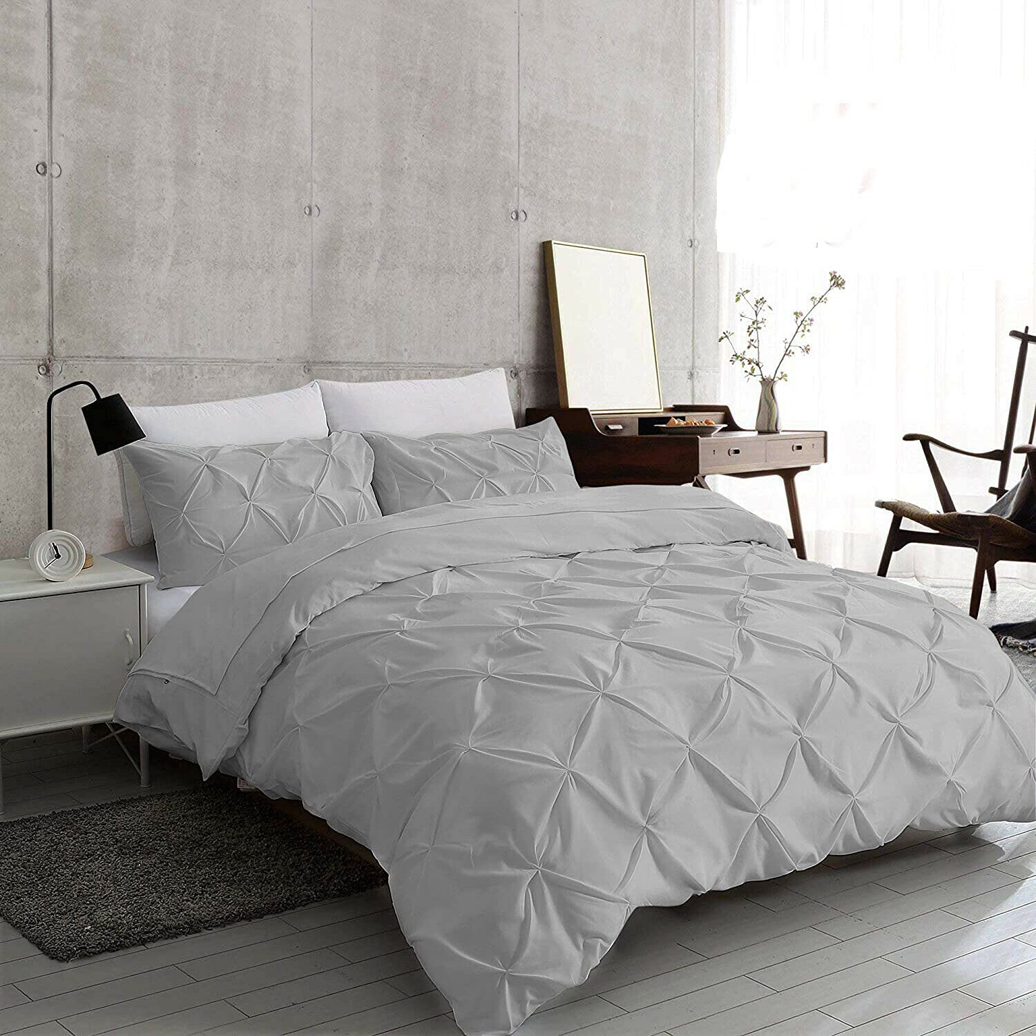LJ Pinch Pleat Pintuck Diamonds Style Duvet Cover Sets Quilt Cover Sets Cotton Rich Alford Bedding Sets With Pillowcases (Silver, Double)