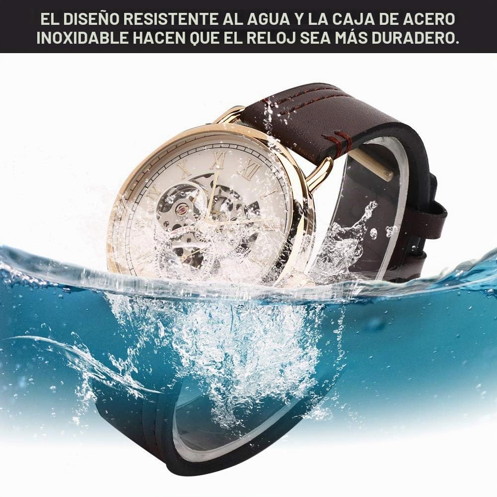 Reloj de pulsera mecánico semi automático, 46mm | Estilo moderno, diseño esqueleto, correa de cuero PU, resistente al agua, adecuado para uso diario, fiestas, regalos.